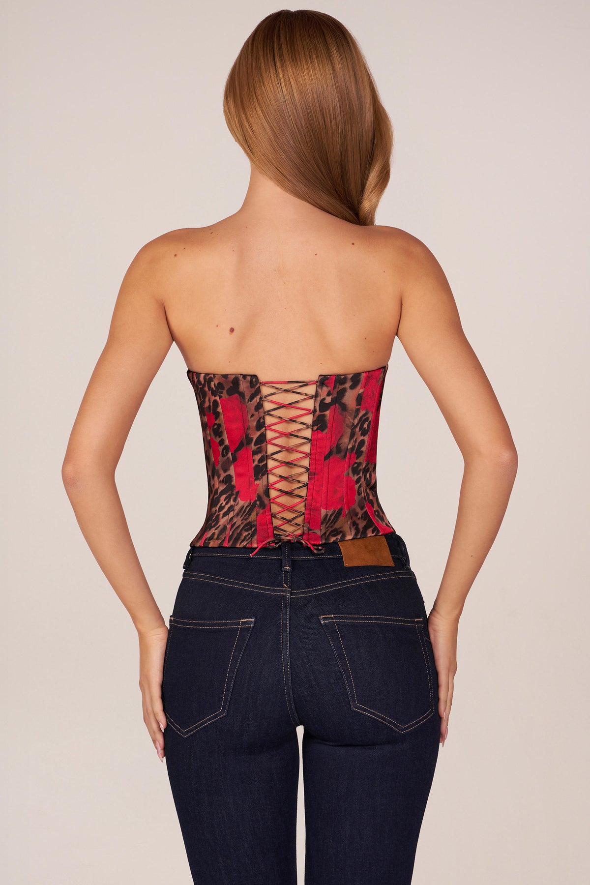 ⁣⁢Bandeau-Korsett-Top mit Schnürung in Rose-Leopardenmuster⁤⁣