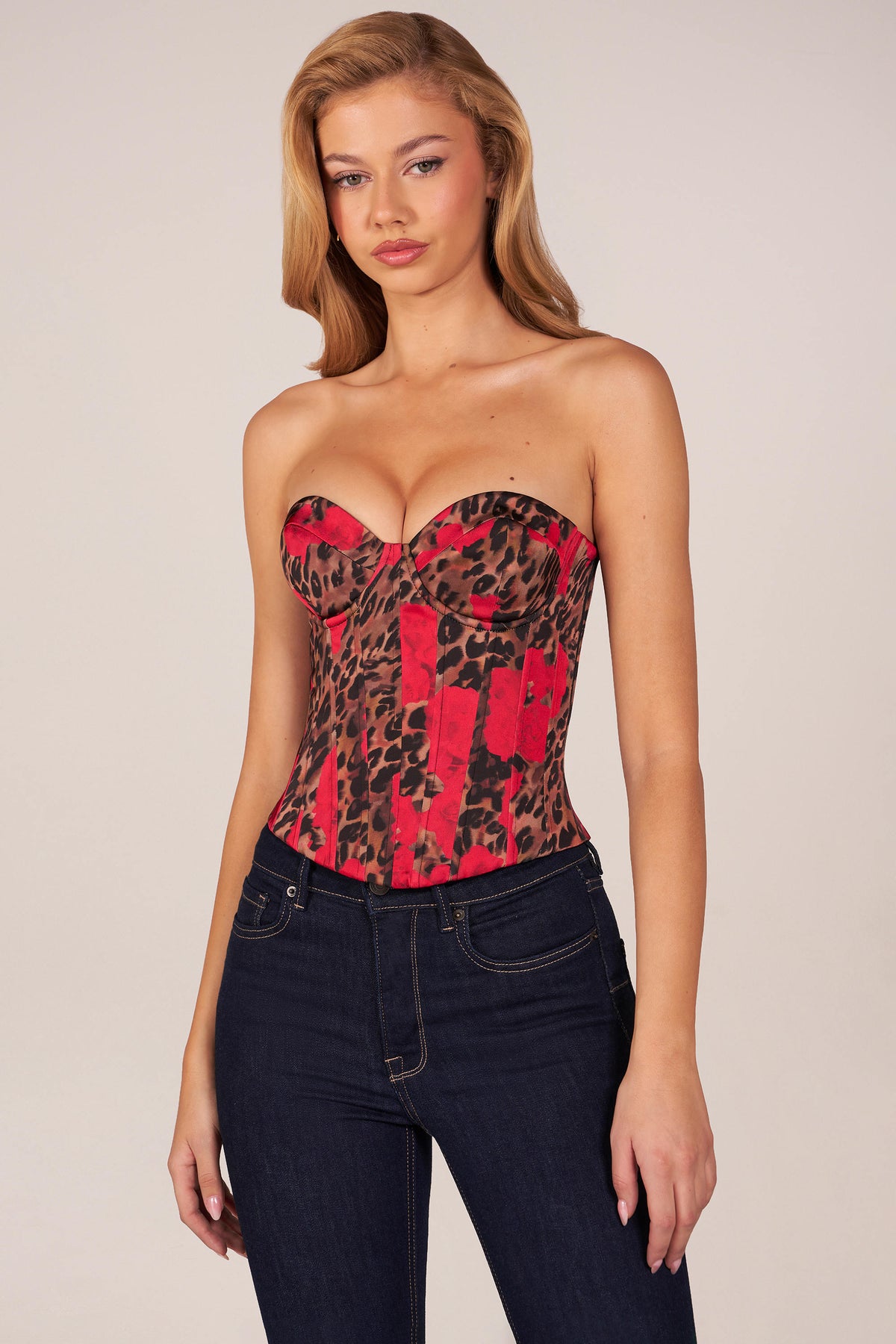 ⁣⁢Bandeau-Korsett-Top mit Schnürung in Rose-Leopardenmuster⁤⁣