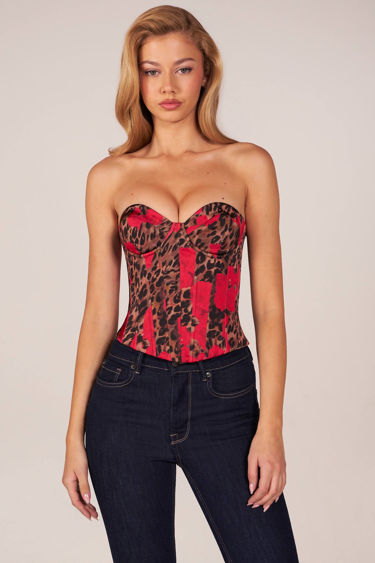 ⁣⁢Bandeau-Korsett-Top mit Schnürung in Rose-Leopardenmuster⁤⁣