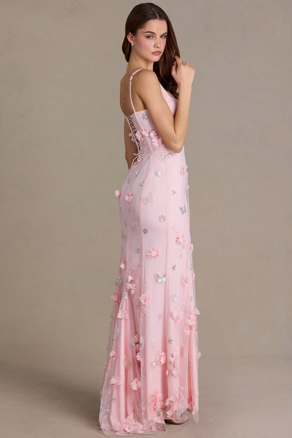 ⁣⁢Verziertes Korsett-Abendkleid in Babyrosa⁤⁣