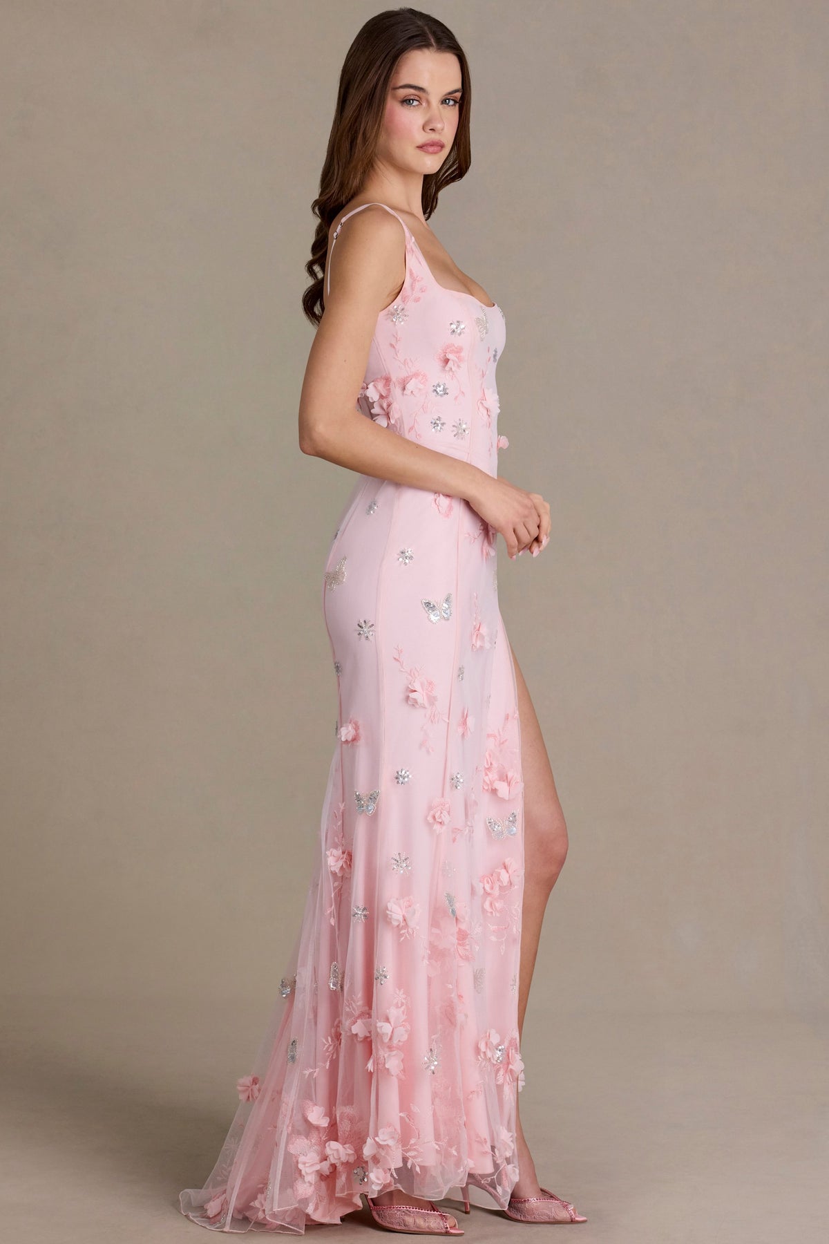 ⁣⁢Verziertes Korsett-Abendkleid in Babyrosa⁤⁣