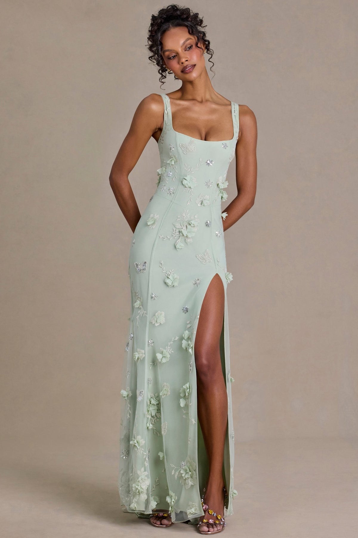 ⁣⁢Verziertes Korsett-Abendkleid in Salbeigrün⁤⁣