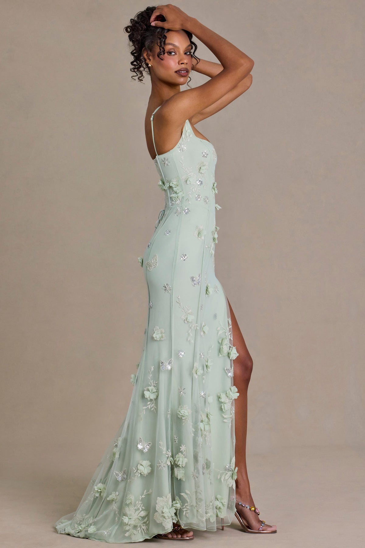 ⁣⁢Verziertes Korsett-Abendkleid in Salbeigrün⁤⁣