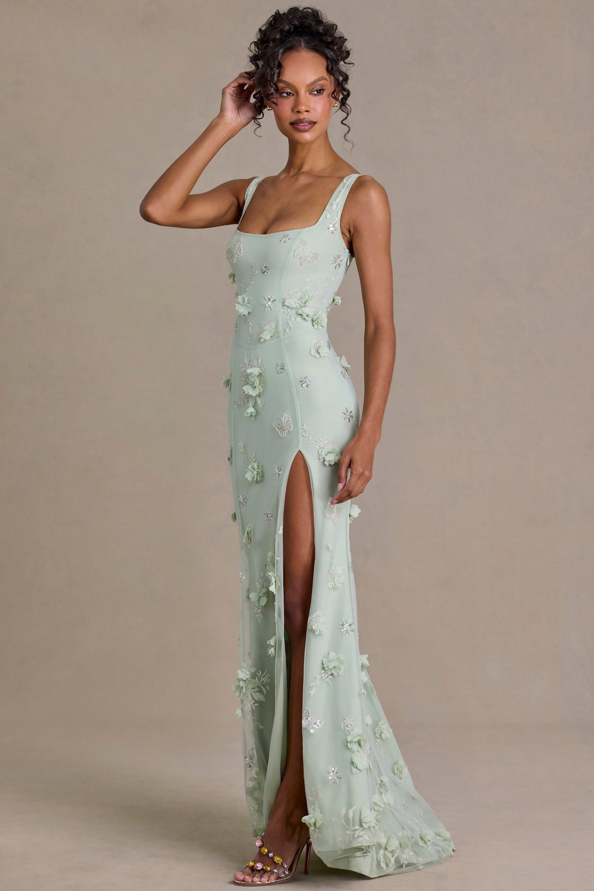 ⁣⁢Verziertes Korsett-Abendkleid in Salbeigrün⁤⁣