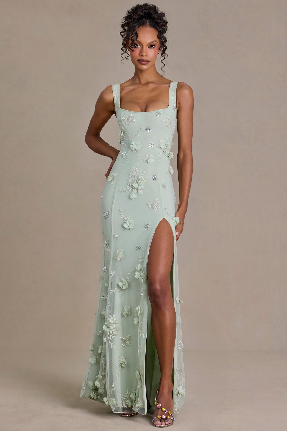 ⁣⁢Verziertes Korsett-Abendkleid in Salbeigrün⁤⁣