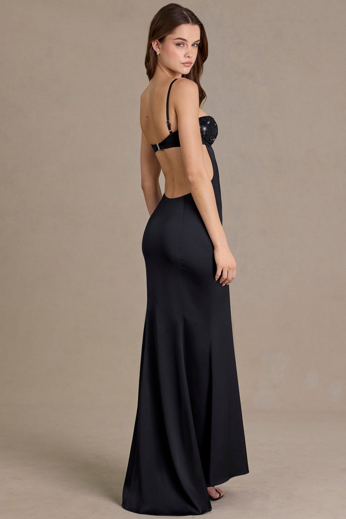 ⁣⁢Satin-Bralette-Abendkleid mit Verzierungen in Schwarz⁤⁣