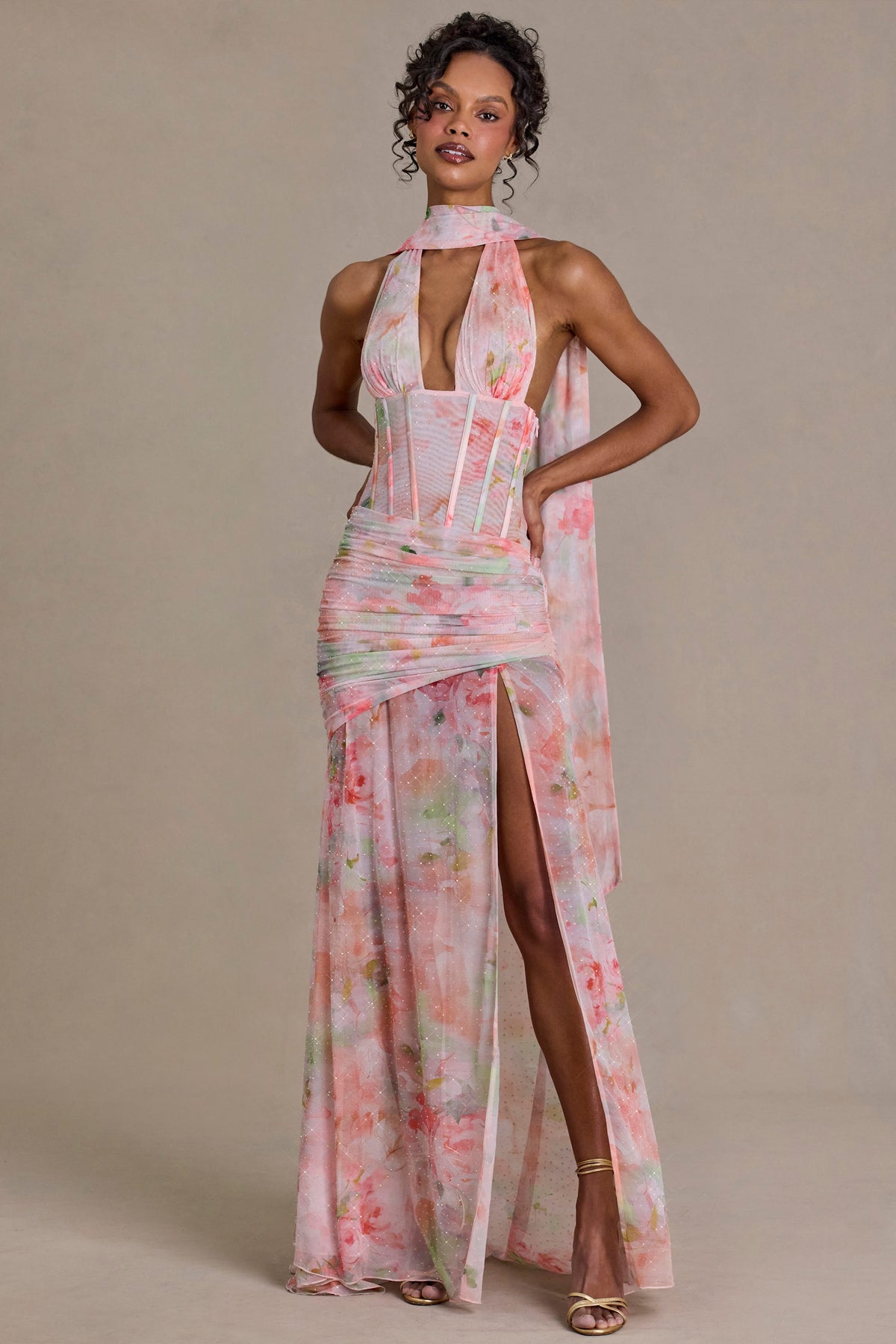 ⁣⁢Maxikleid mit Schal-Detail und Blumenprint in Pink⁤⁣ - 1