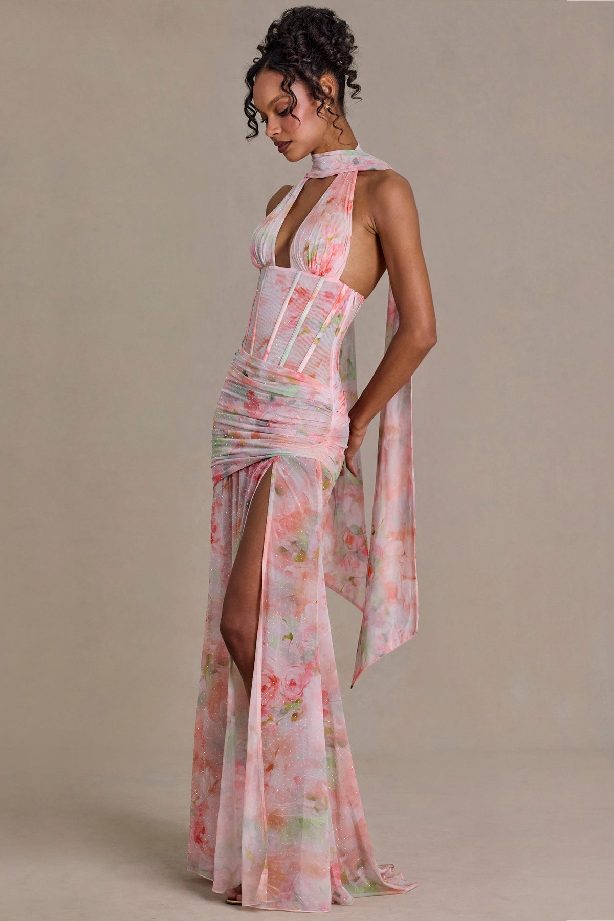 ⁣⁢Maxikleid mit Schal-Detail und Blumenprint in Pink⁤⁣