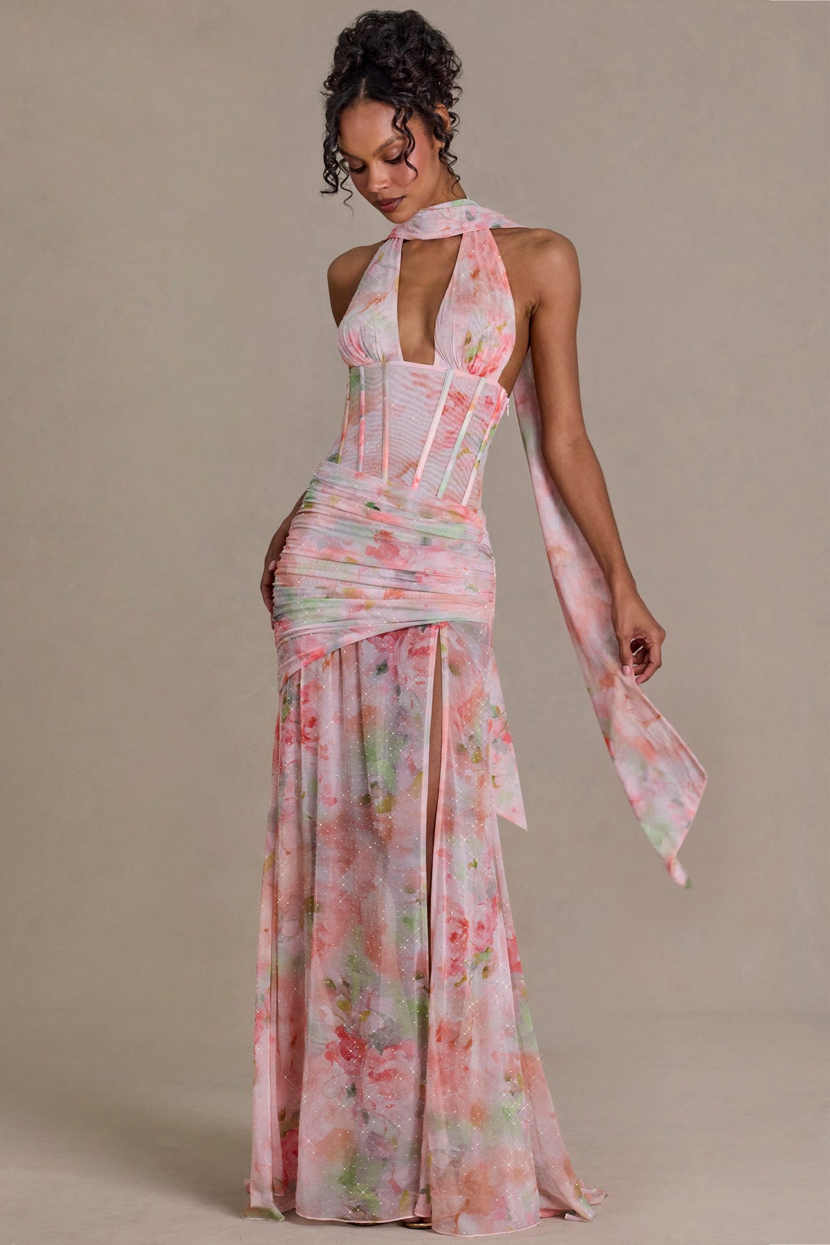 ⁣⁢Maxikleid mit Schal-Detail und Blumenprint in Pink⁤⁣