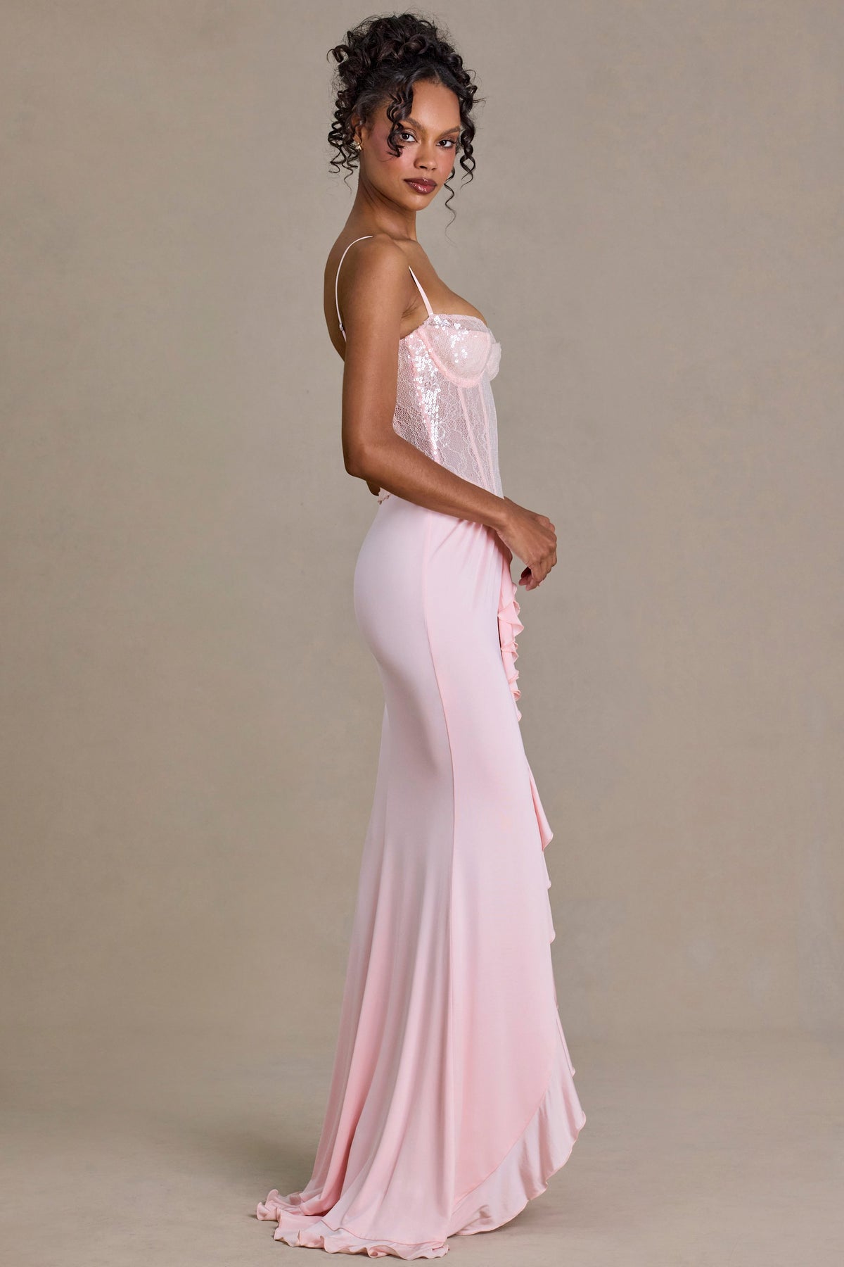 ⁣⁢Verziertes Spitzen-Korsett-Abendkleid in Blütenrosa⁤⁣
