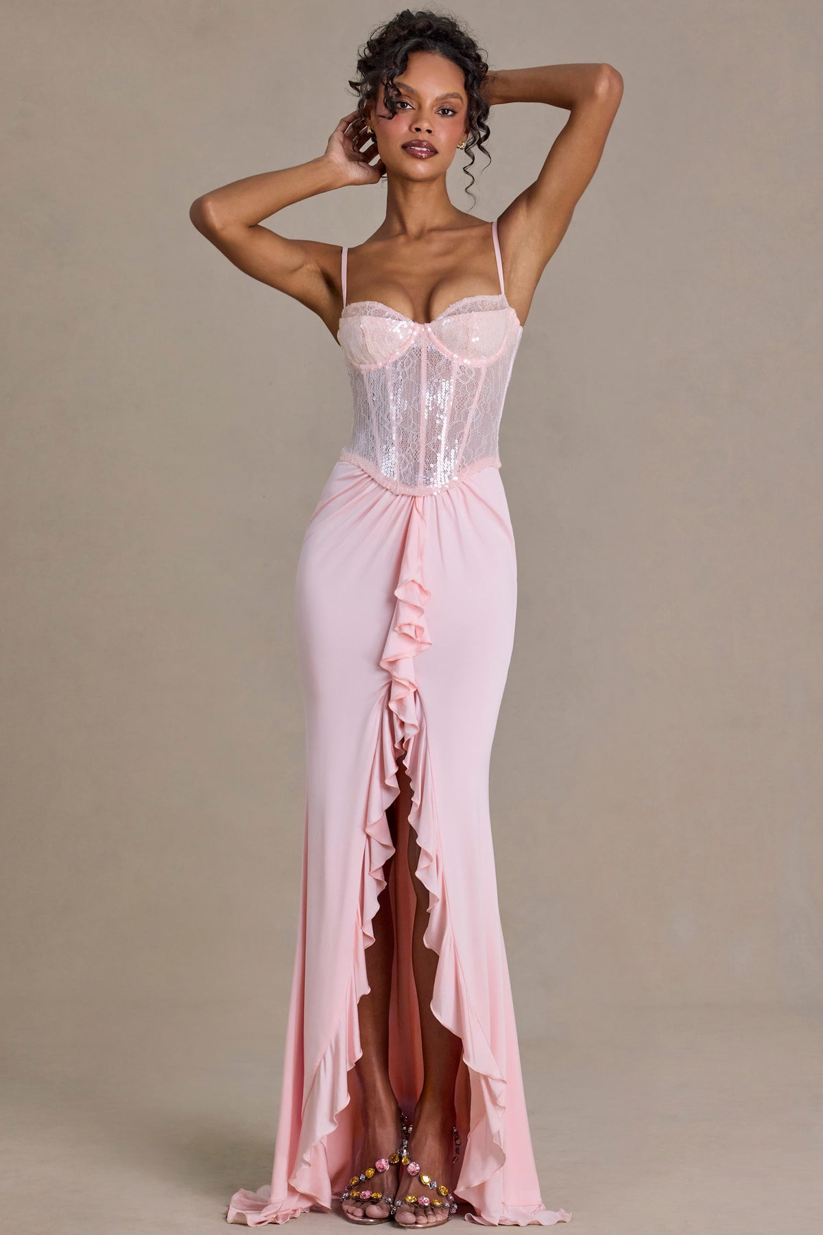 ⁣⁢Verziertes Spitzen-Korsett-Abendkleid in Blütenrosa⁤⁣