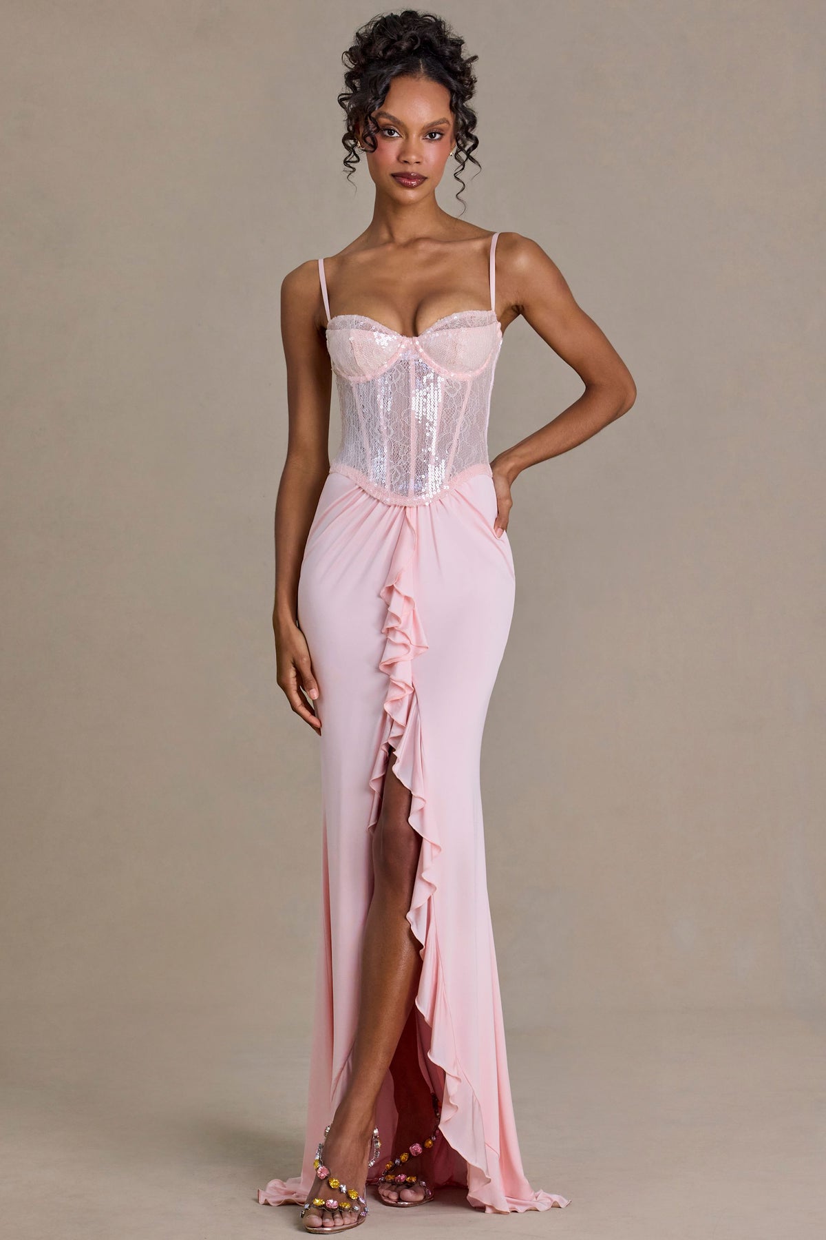 ⁣⁢Verziertes Spitzen-Korsett-Abendkleid in Blütenrosa⁤⁣