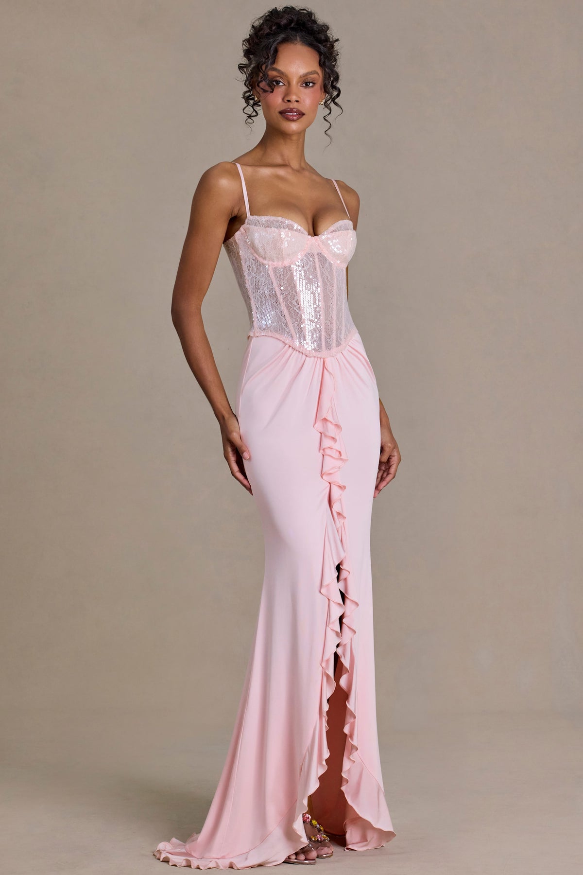 ⁣⁢Verziertes Spitzen-Korsett-Abendkleid in Blütenrosa⁤⁣