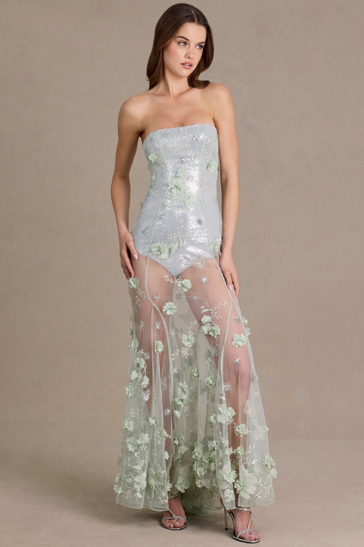 ⁣⁢Verziertes Tüll-Korsett-Abendkleid in Salbeigrün⁤⁣