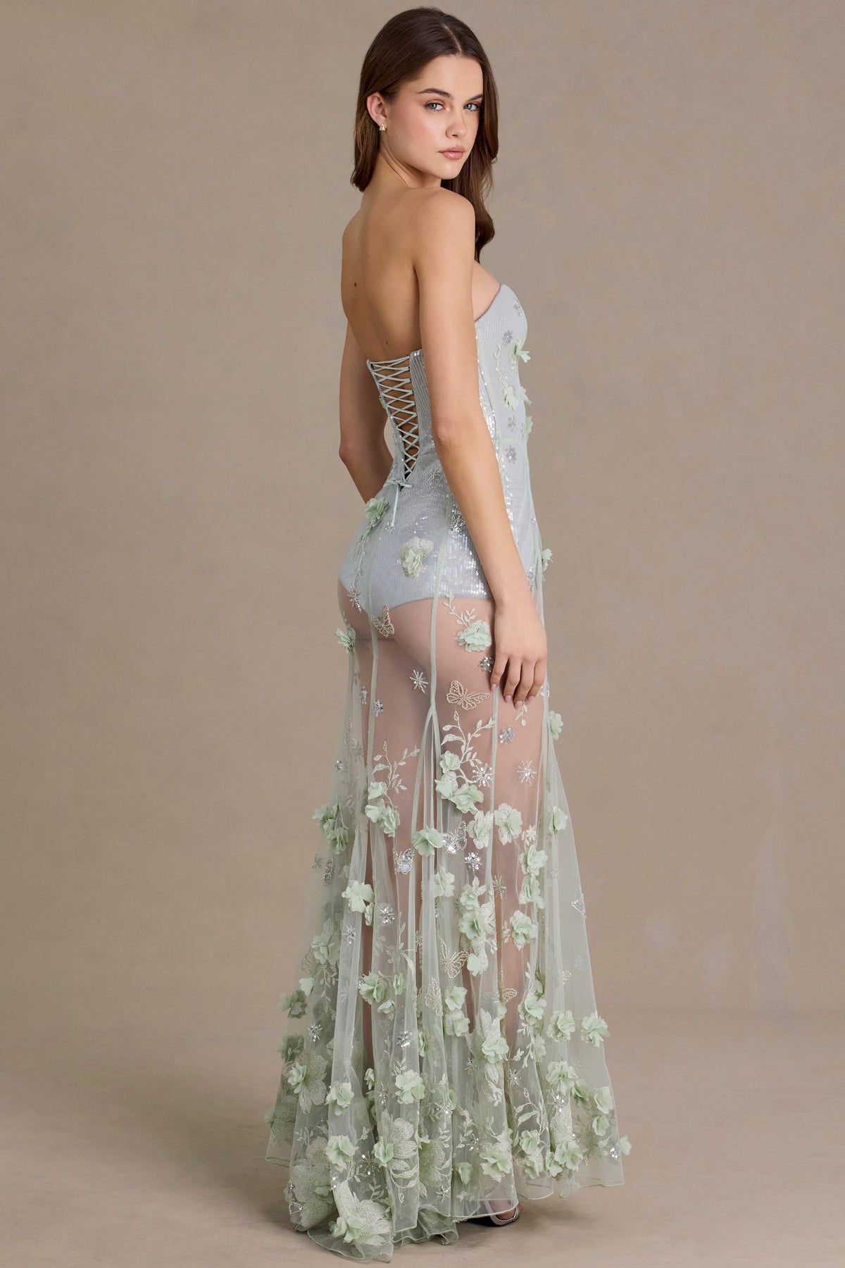 ⁣⁢Verziertes Tüll-Korsett-Abendkleid in Salbeigrün⁤⁣