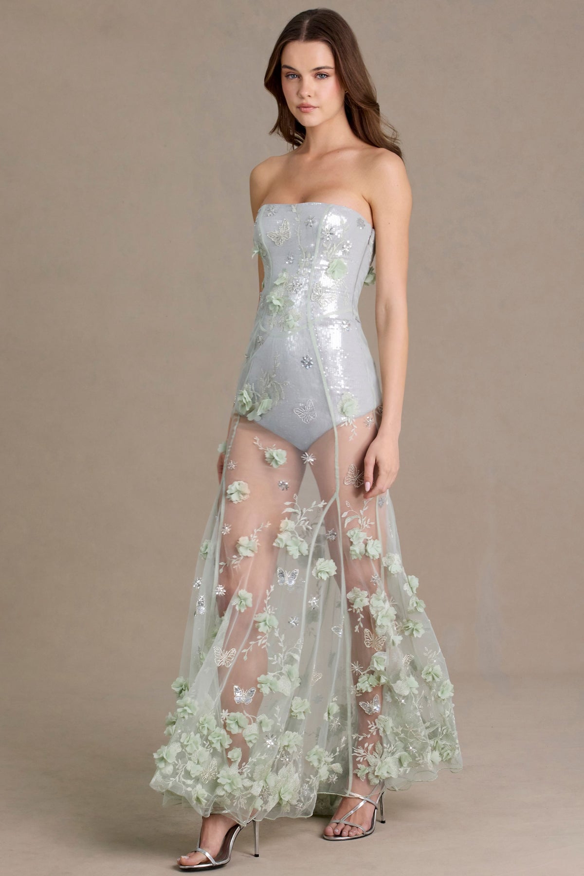 ⁣⁢Verziertes Tüll-Korsett-Abendkleid in Salbeigrün⁤⁣