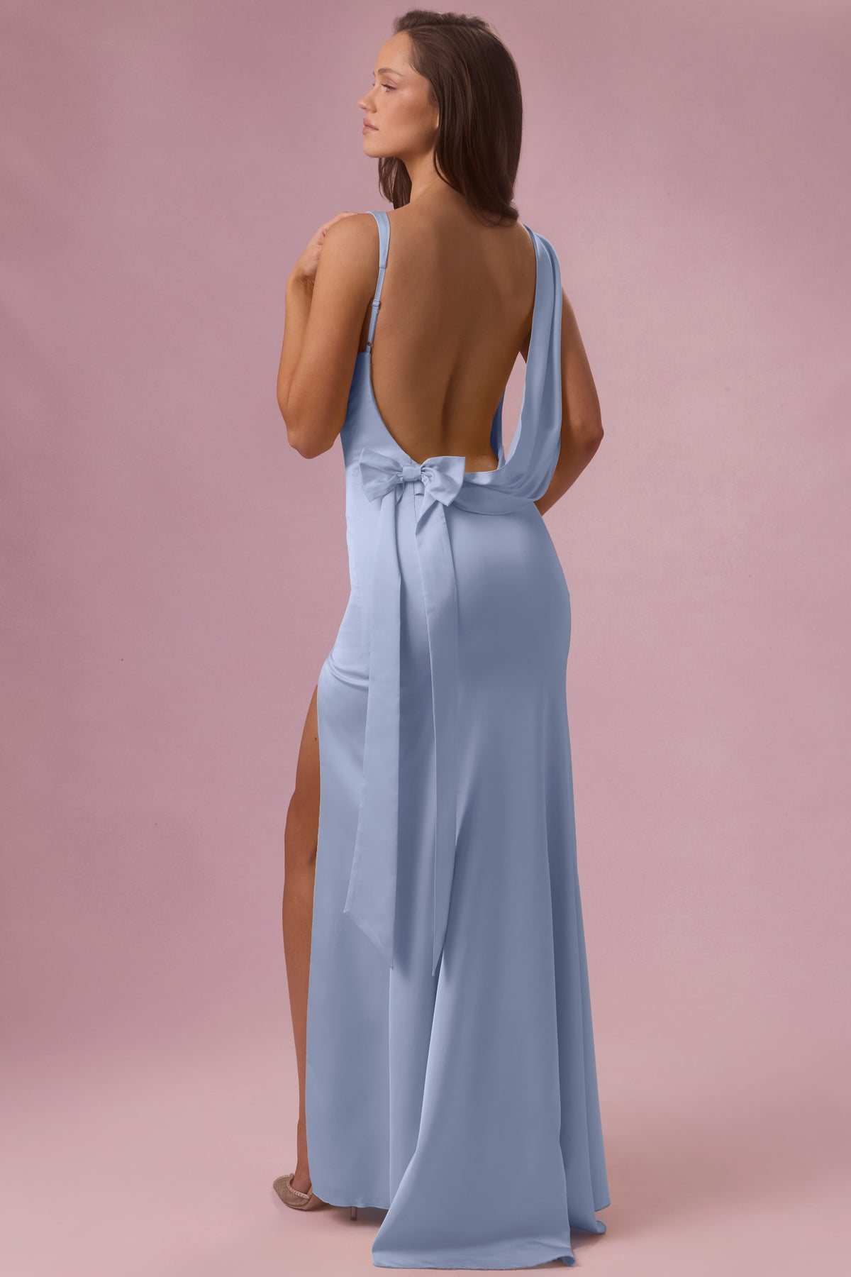 ⁣⁢Satin-Abendkleid mit Drapierung in Himmelblau⁤⁣