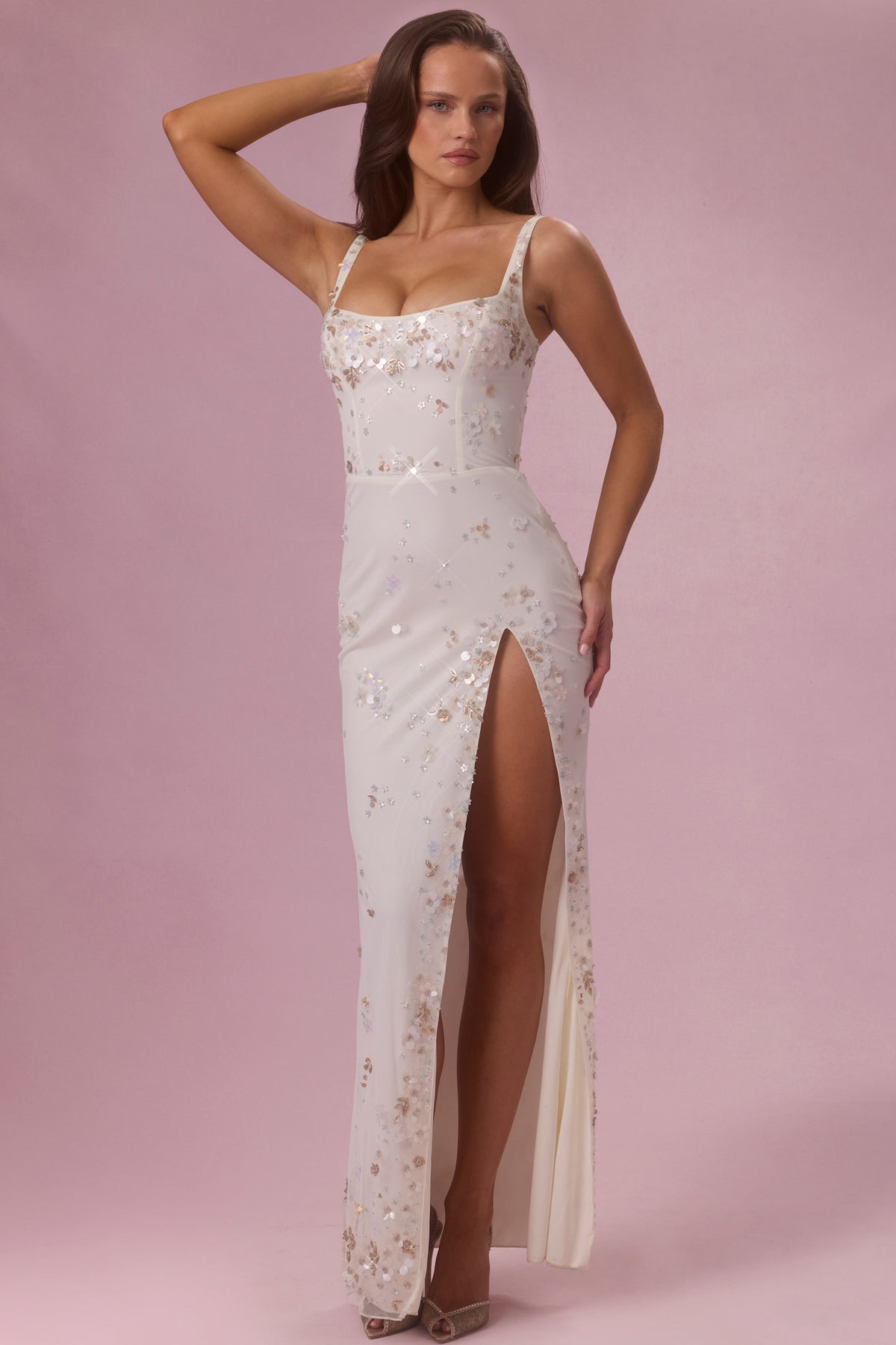 ⁣⁢Verziertes Korsett-Maxikleid in Perlweiß⁤⁣