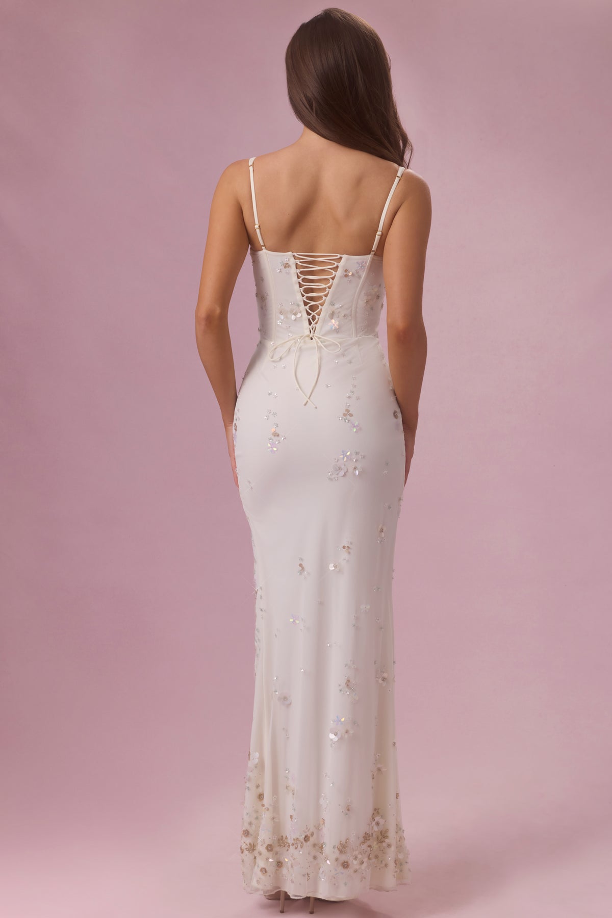⁣⁢Verziertes Korsett-Maxikleid in Perlweiß⁤⁣