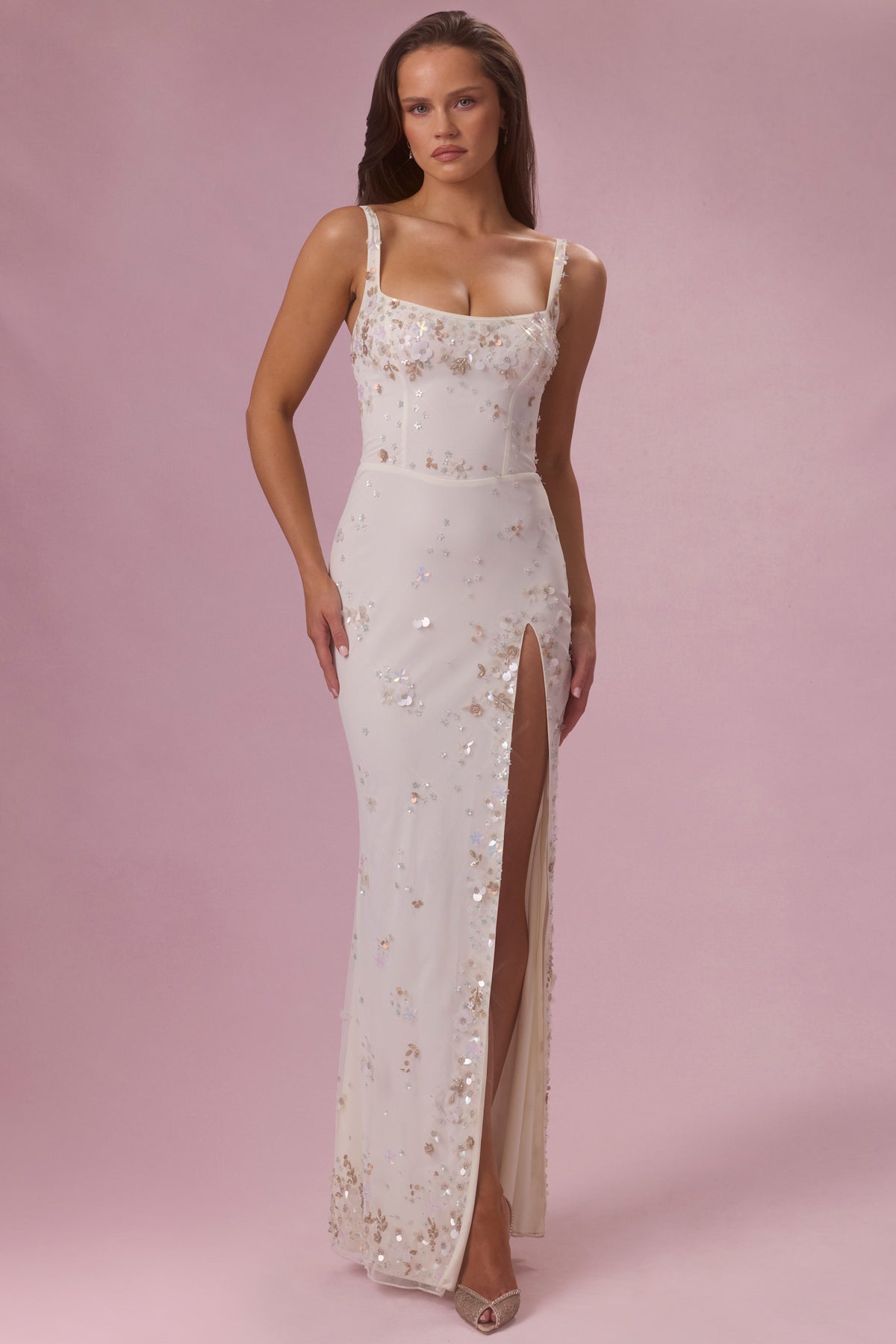 ⁣⁢Verziertes Korsett-Maxikleid in Perlweiß⁤⁣