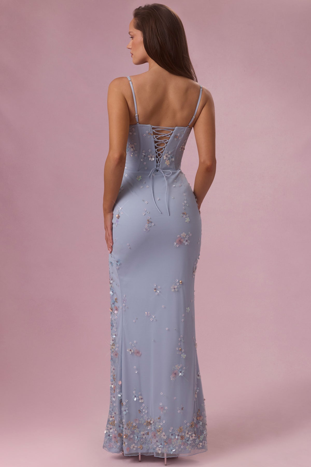 ⁣⁢Verziertes Korsett-Maxikleid in Himmelblau⁤⁣