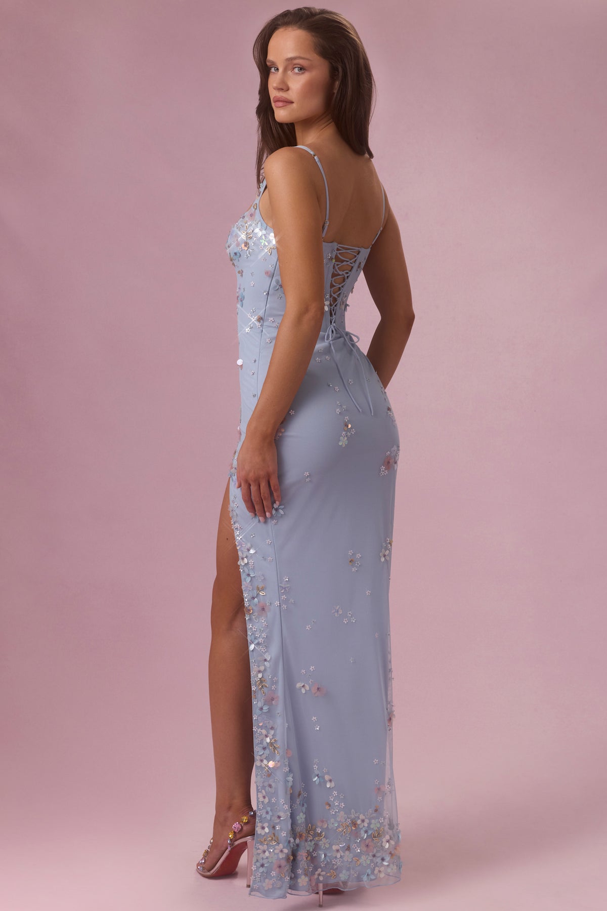 ⁣⁢Verziertes Korsett-Maxikleid in Himmelblau⁤⁣
