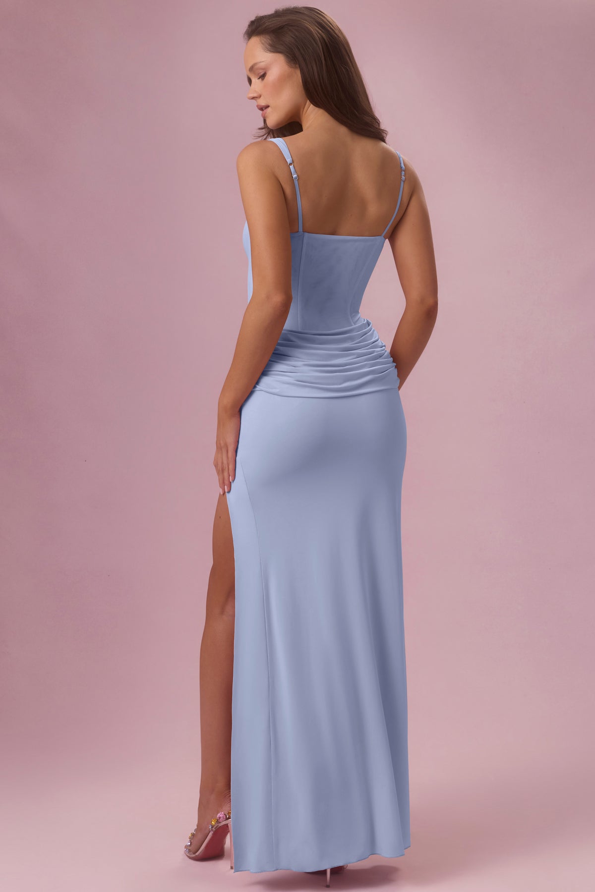 ⁣⁢Drapiertes Mesh-Brautjungfernkleid in Himmelblau⁤⁣