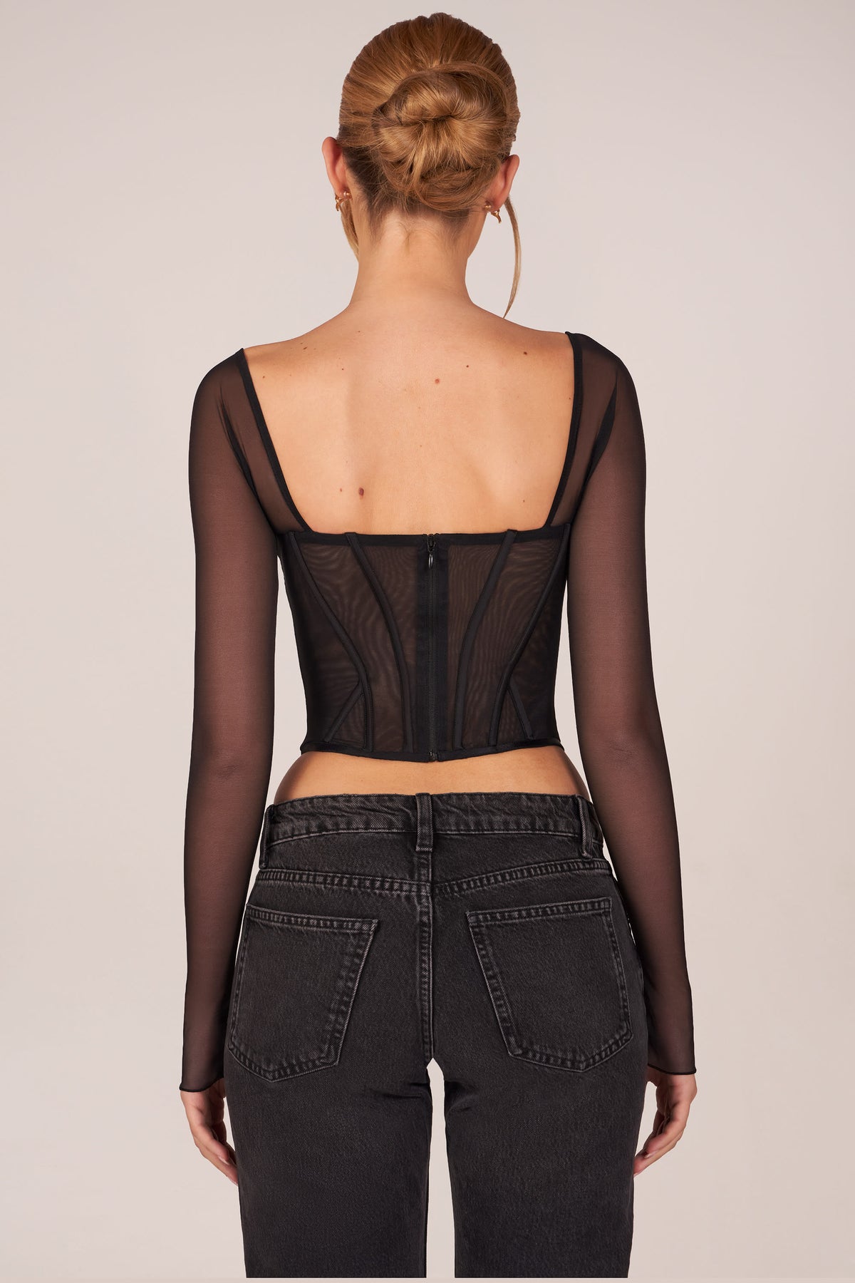 ⁣⁢Korsett-Langarmtop in Schwarz⁤⁣