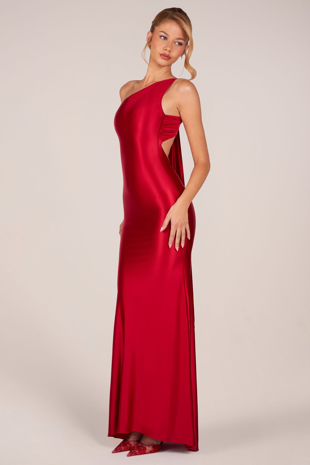 ⁣⁢Asymmetrisches Kleid mit Rückenschnürung in Cherry⁤⁣