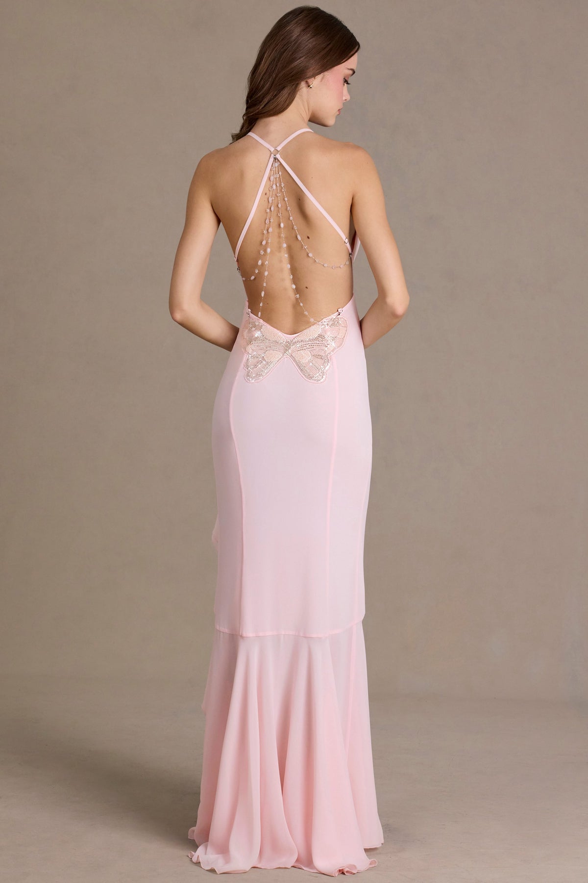 ⁣⁢Rückenfreies Chiffon-Abendkleid mit Wasserfallausschnitt in Babyrosa⁤⁣