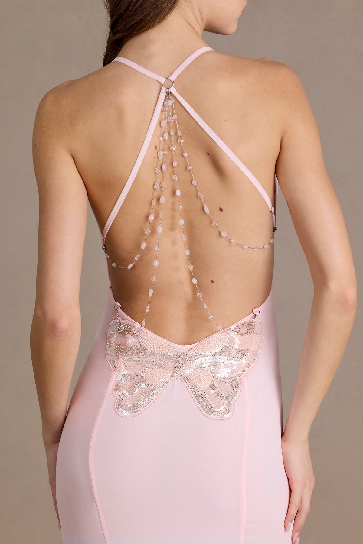 ⁣⁢Rückenfreies Chiffon-Abendkleid mit Wasserfallausschnitt in Babyrosa⁤⁣
