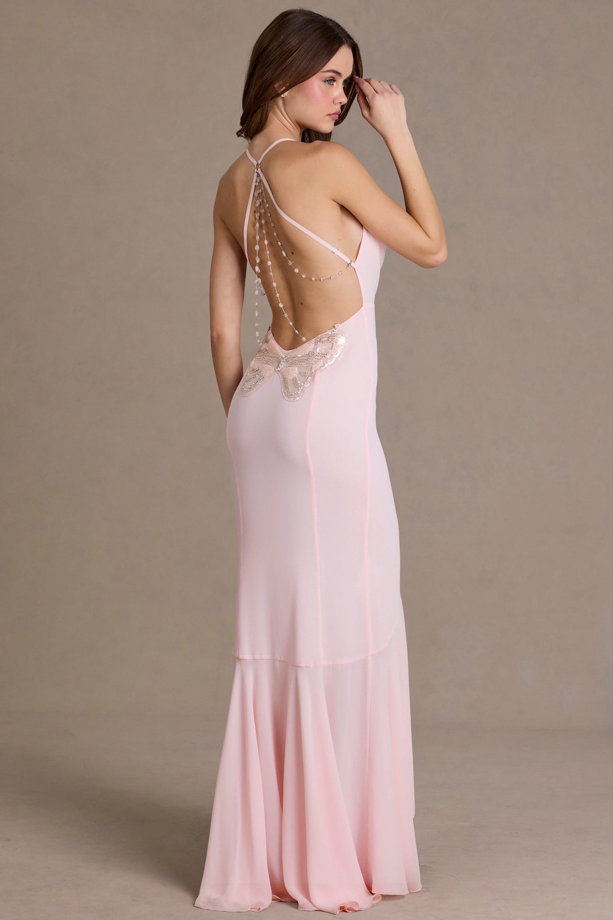 ⁣⁢Chiffon Cowl-Neck Open-Back Gown in Baby Pink⁤⁣ - 1