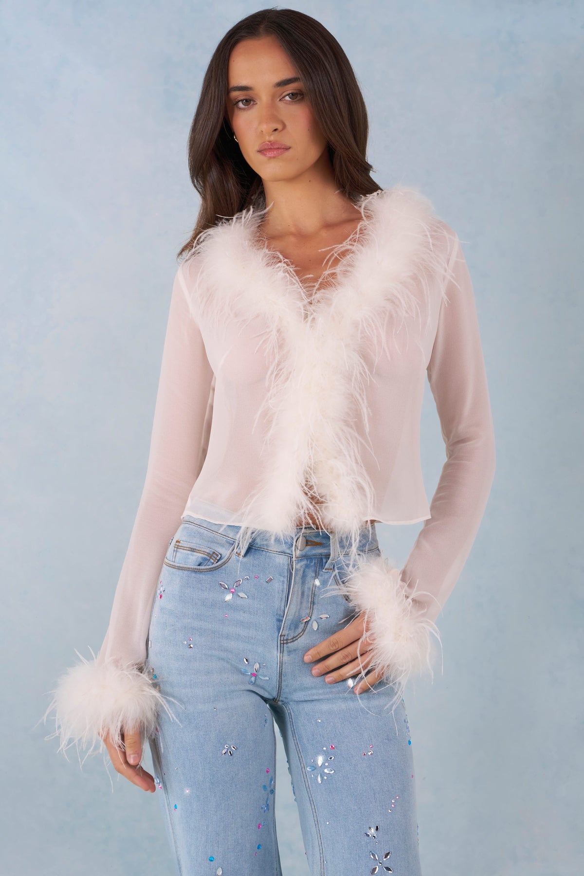 ⁣⁢Transparente Feder-Top in Elfenbein⁤⁣ - 1