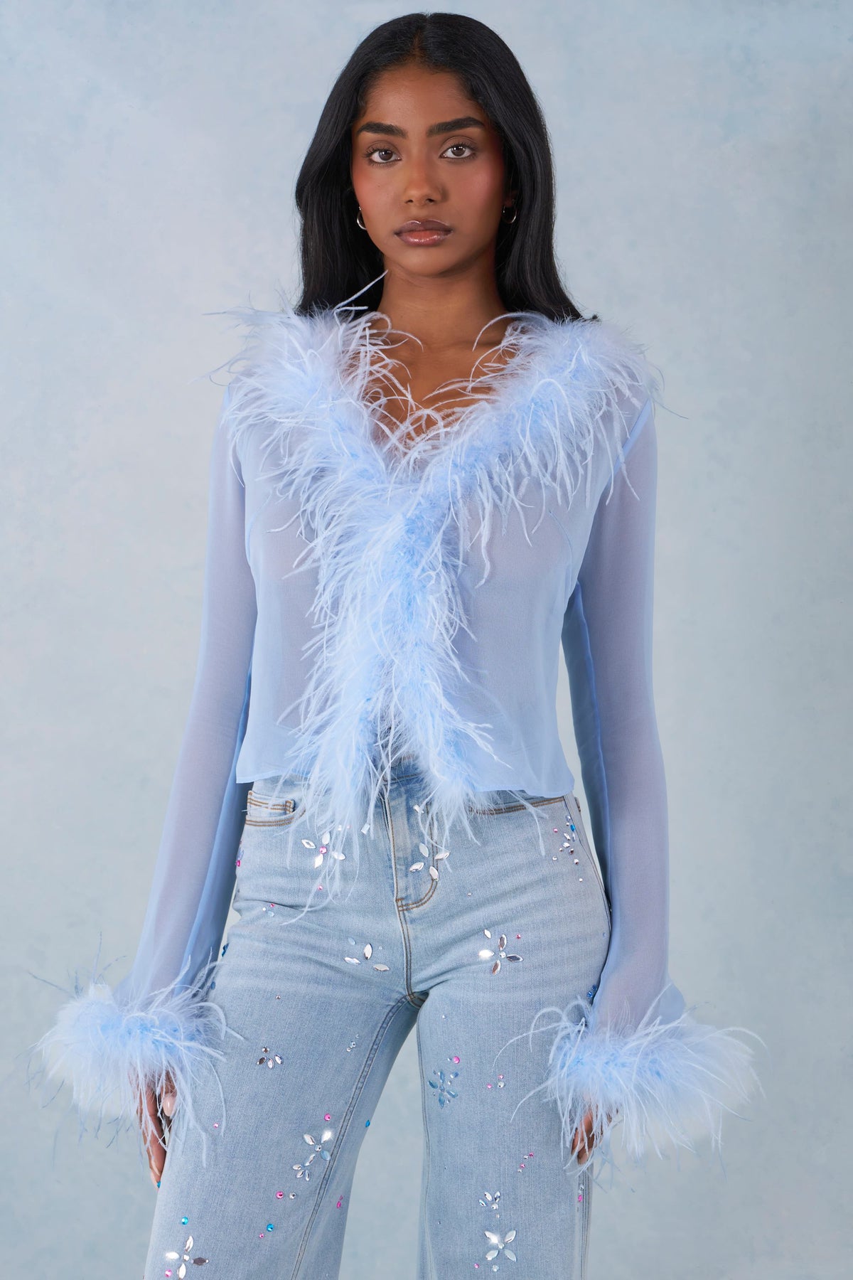 ⁣⁢Transparentes Oberteil mit Federbesatz in Zartblau⁤⁣