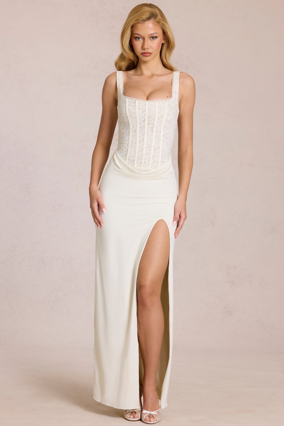 ⁣⁢Spitzen-Korsett-Maxikleid in Perlweiß⁤⁣