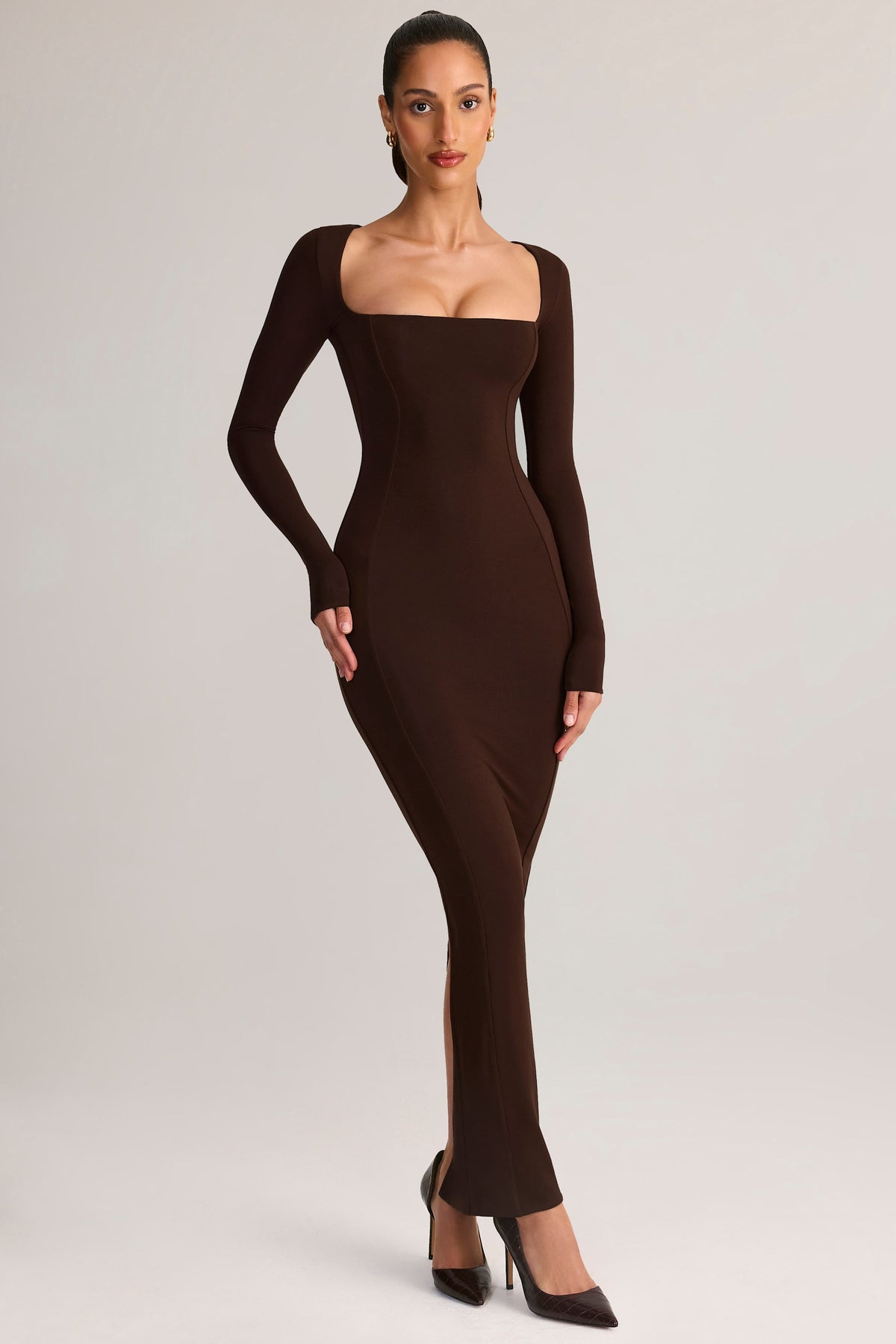 ⁣⁢Modal Square-Neck Bodycon Maxi Dress in Chocolate Brown⁤⁣