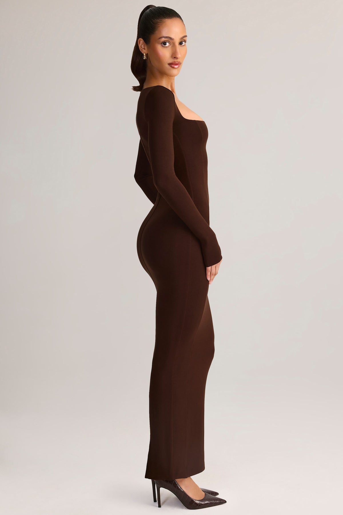 ⁣⁢Modal Square-Neck Bodycon Maxi Dress in Chocolate Brown⁤⁣