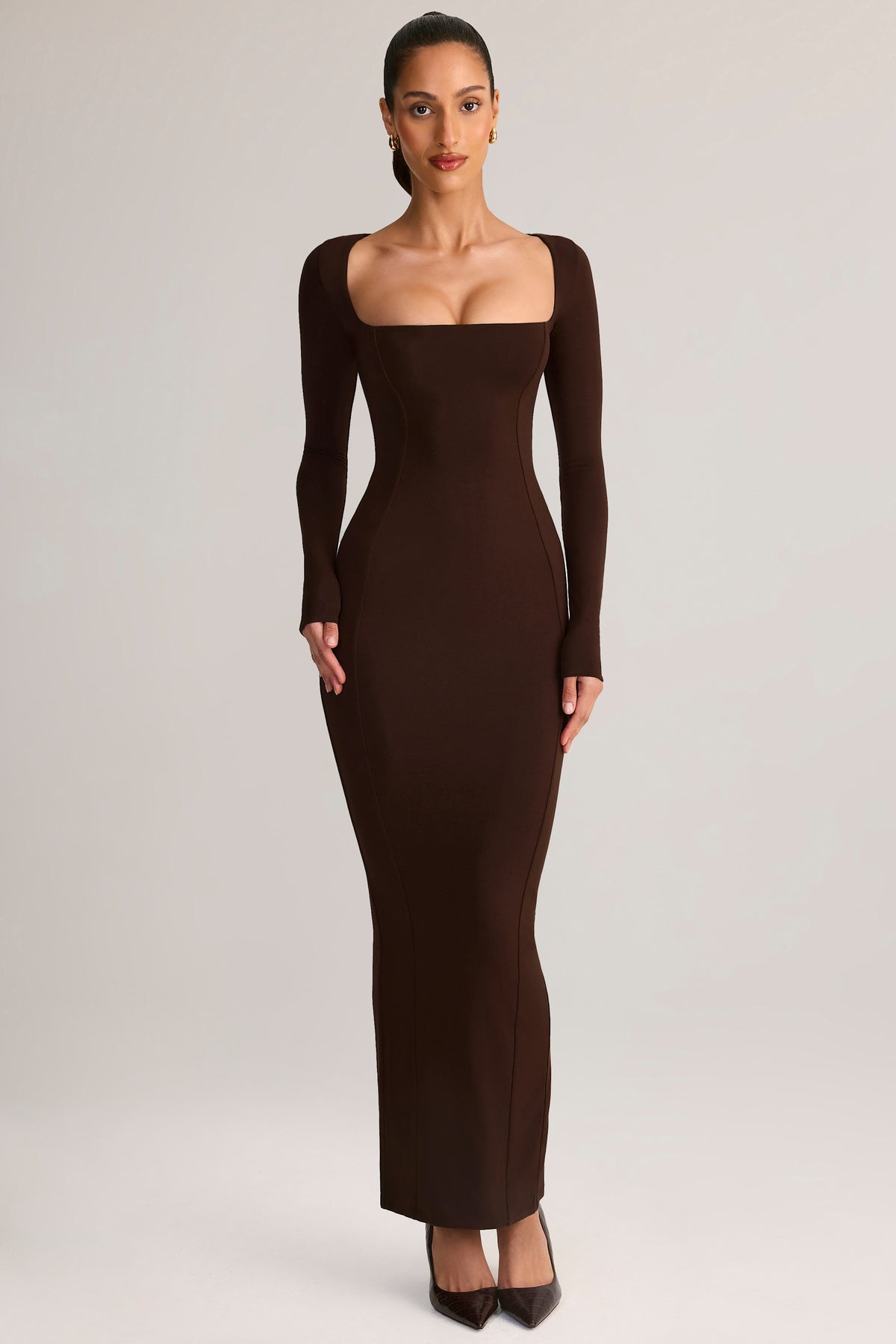⁣⁢Modal Square-Neck Bodycon Maxi Dress in Chocolate Brown⁤⁣