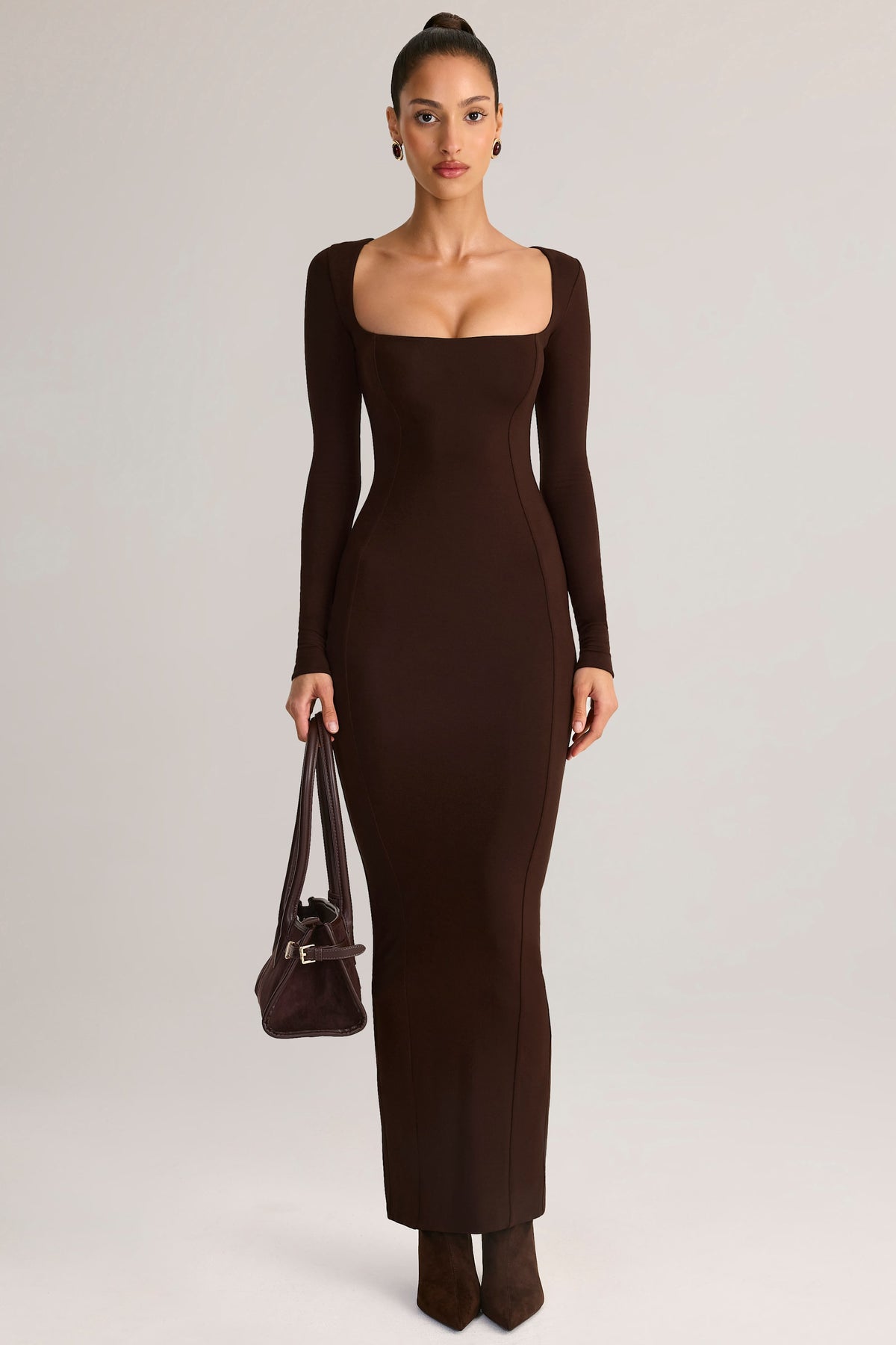 ⁣⁢Modal Square-Neck Bodycon Maxi Dress in Chocolate Brown⁤⁣