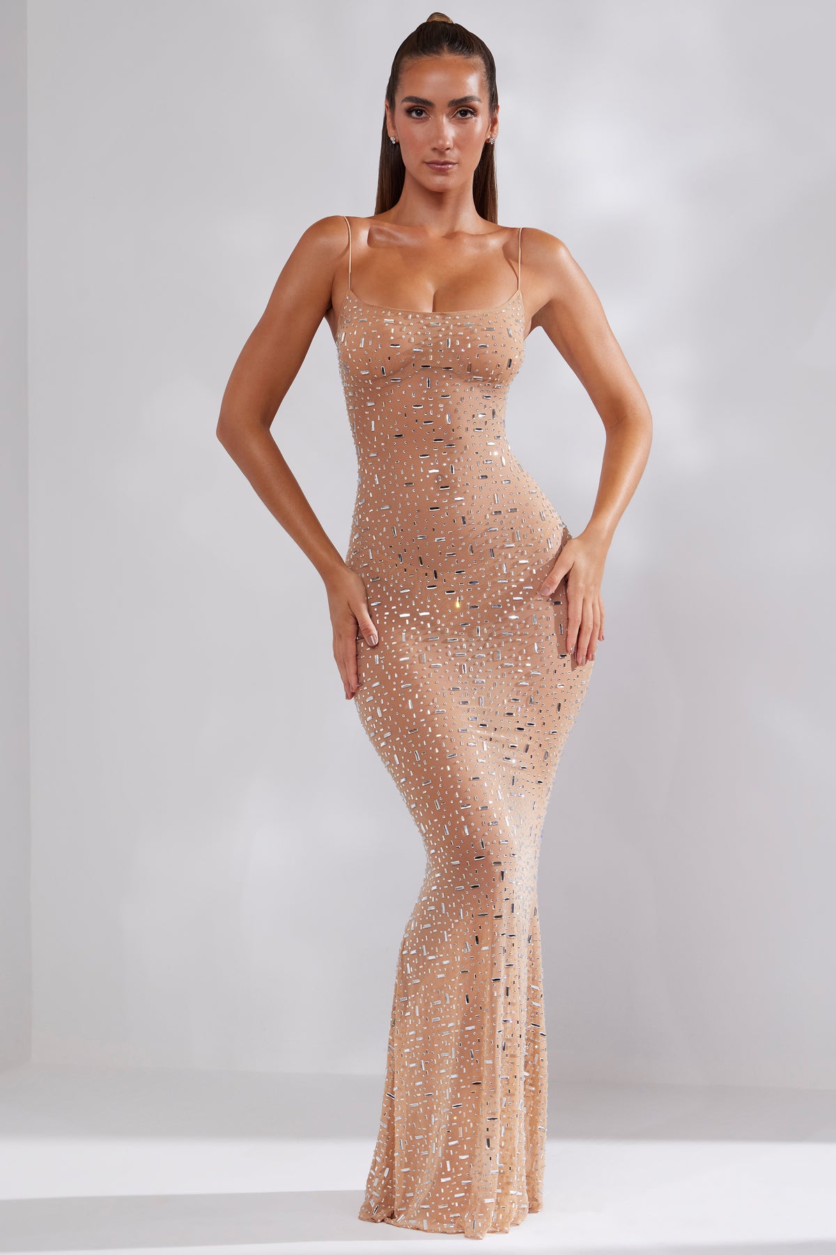 ⁣⁢Transparenter, verzierter Abendkleid mit U-Boot-Ausschnitt in Honey⁤⁣