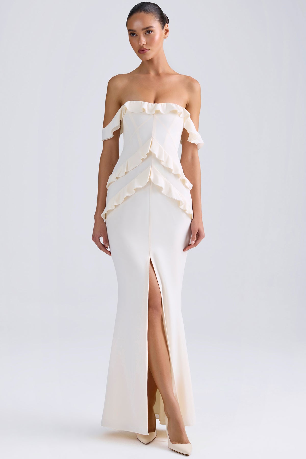 ⁣⁢Off-Shoulder-Abendkleid mit Rüschenbesatz in Elfenbein⁤⁣