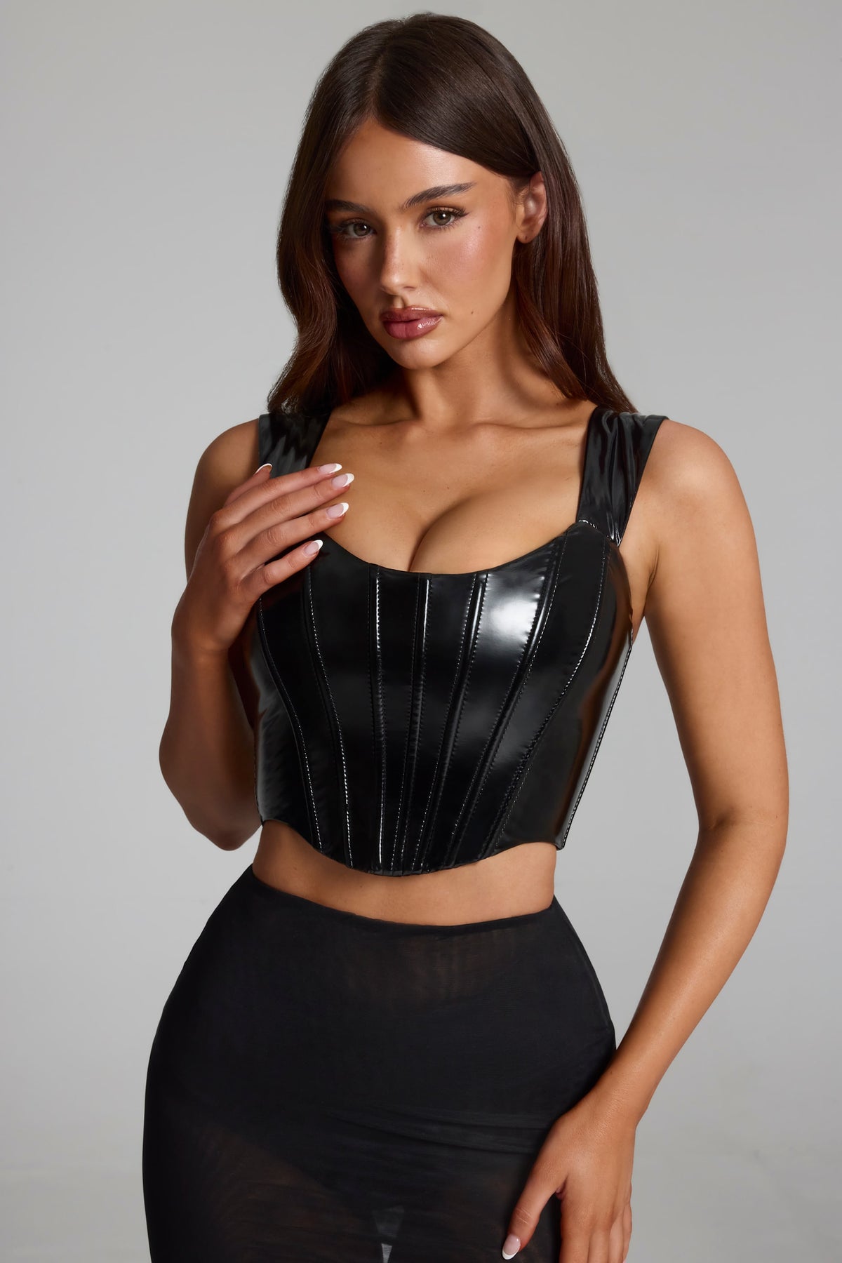 ⁣⁢Vinyl-Korsett-Top mit Schnürung in Schwarz⁤⁣
