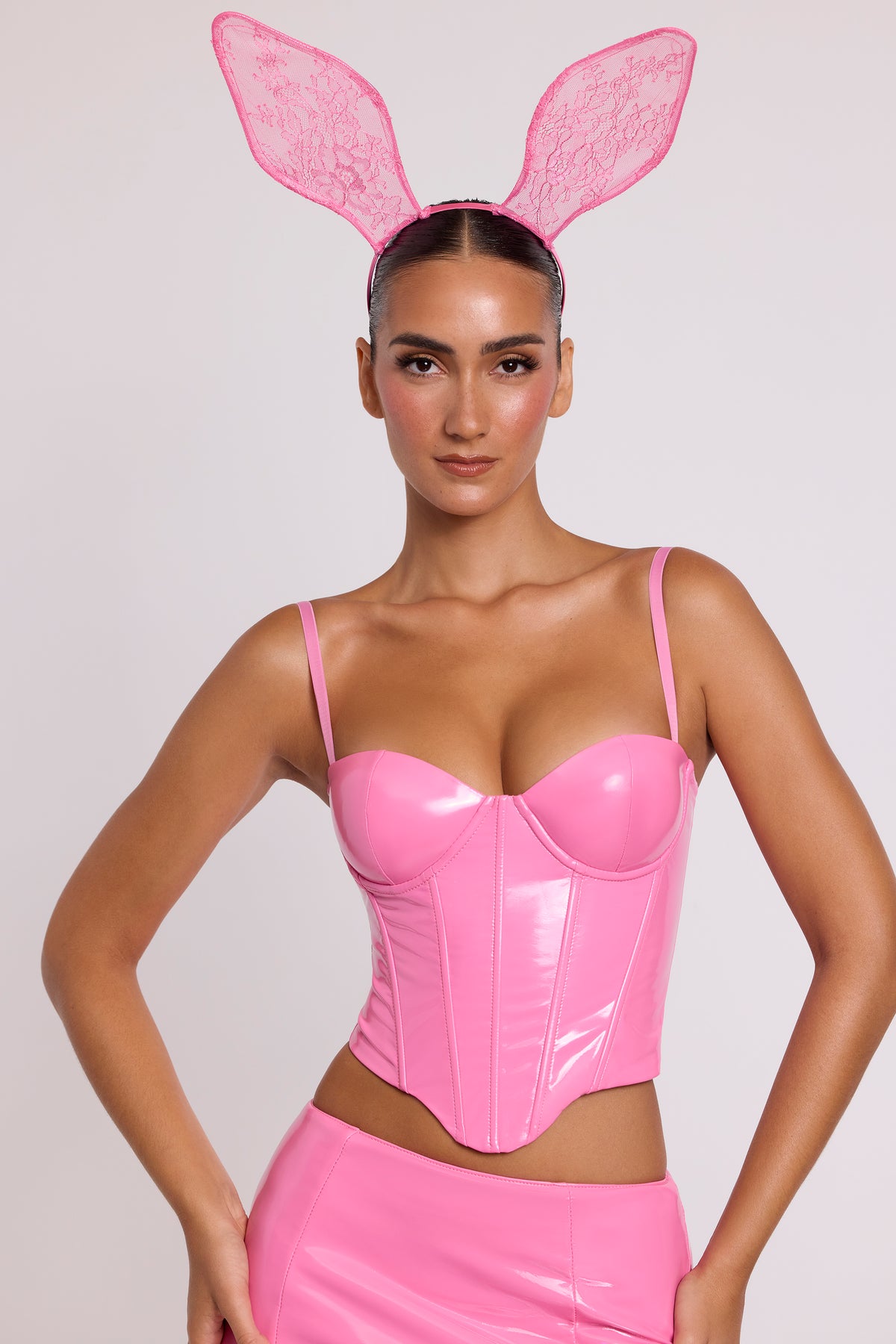 ⁣⁢Vinyl-Korsett-Crop-Top mit Bügel in Pink⁤⁣