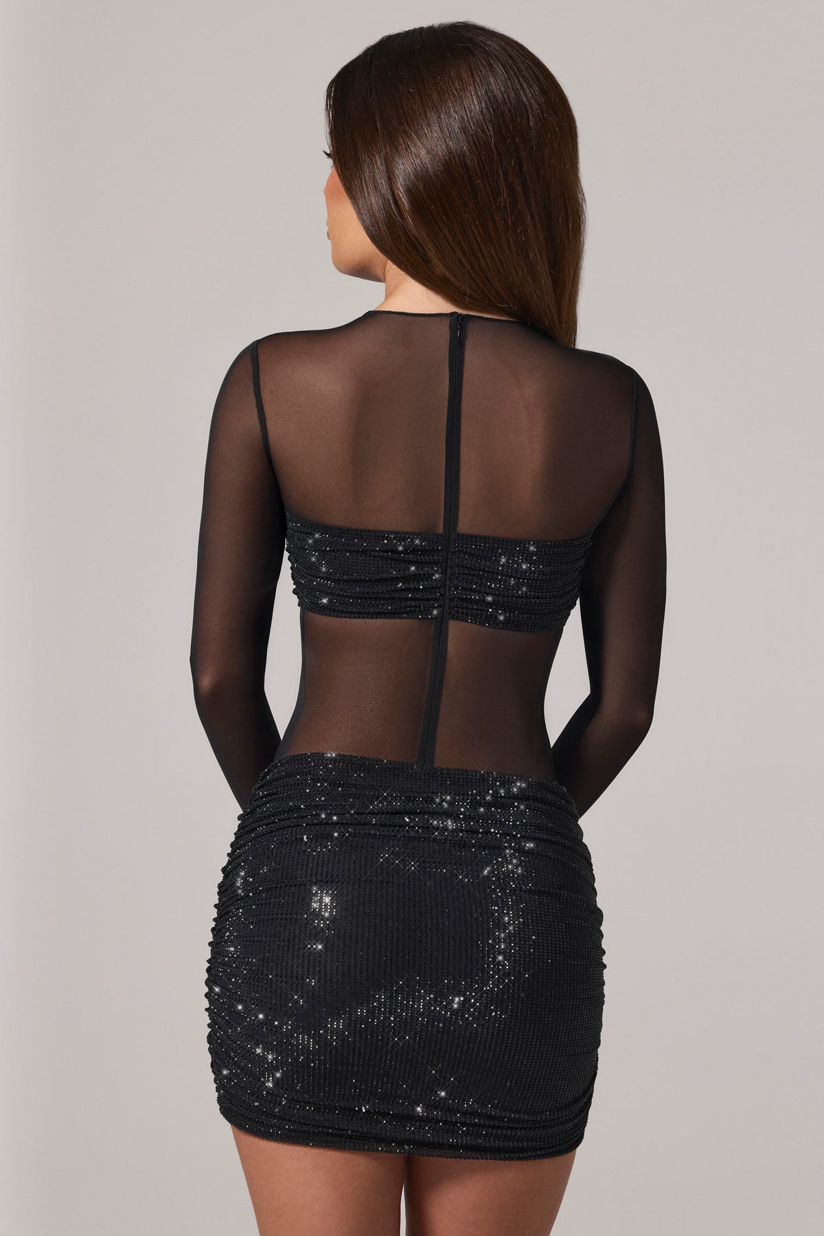 ⁣⁢Transparenter bestickter Langarm-Minikleid mit hohem Kragen in Schwarz⁤⁣
