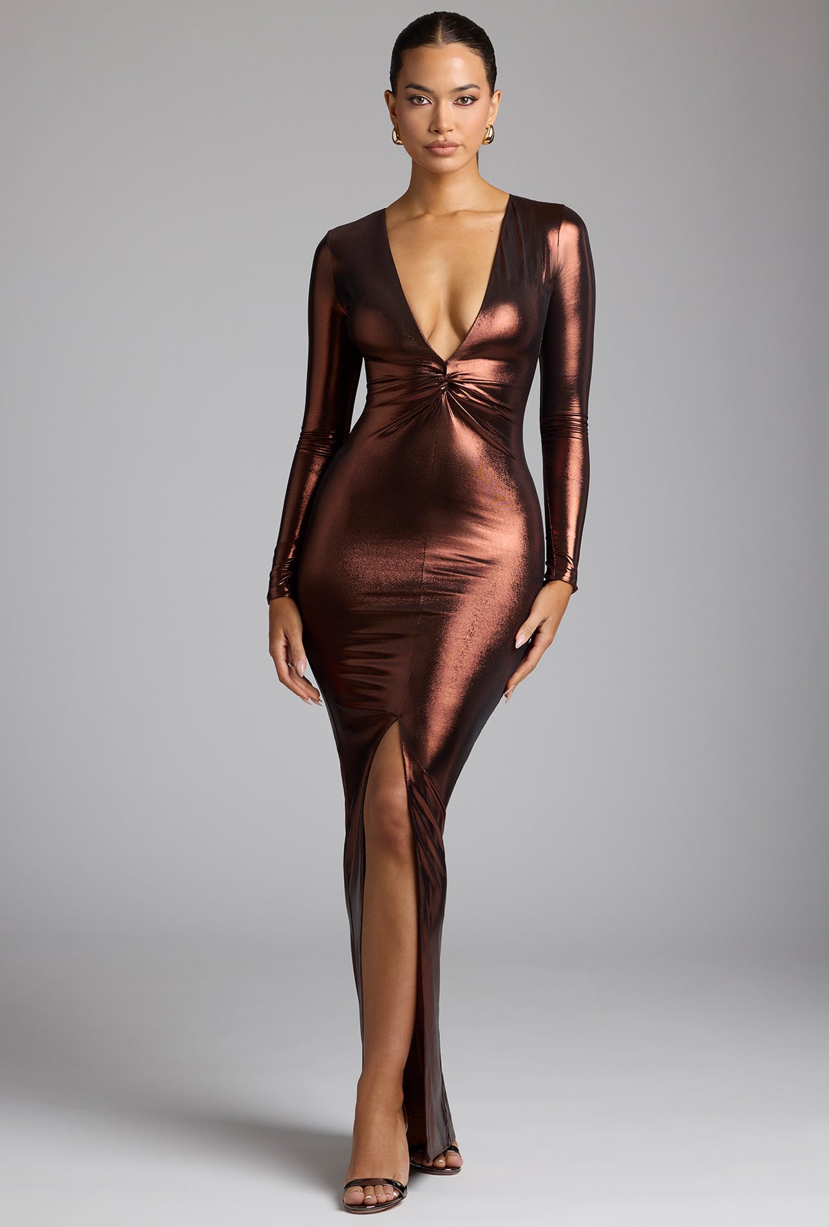 ⁣⁢Langarm-Abendkleid aus Metallic-Jersey in Kupfer-Bronze⁤⁣