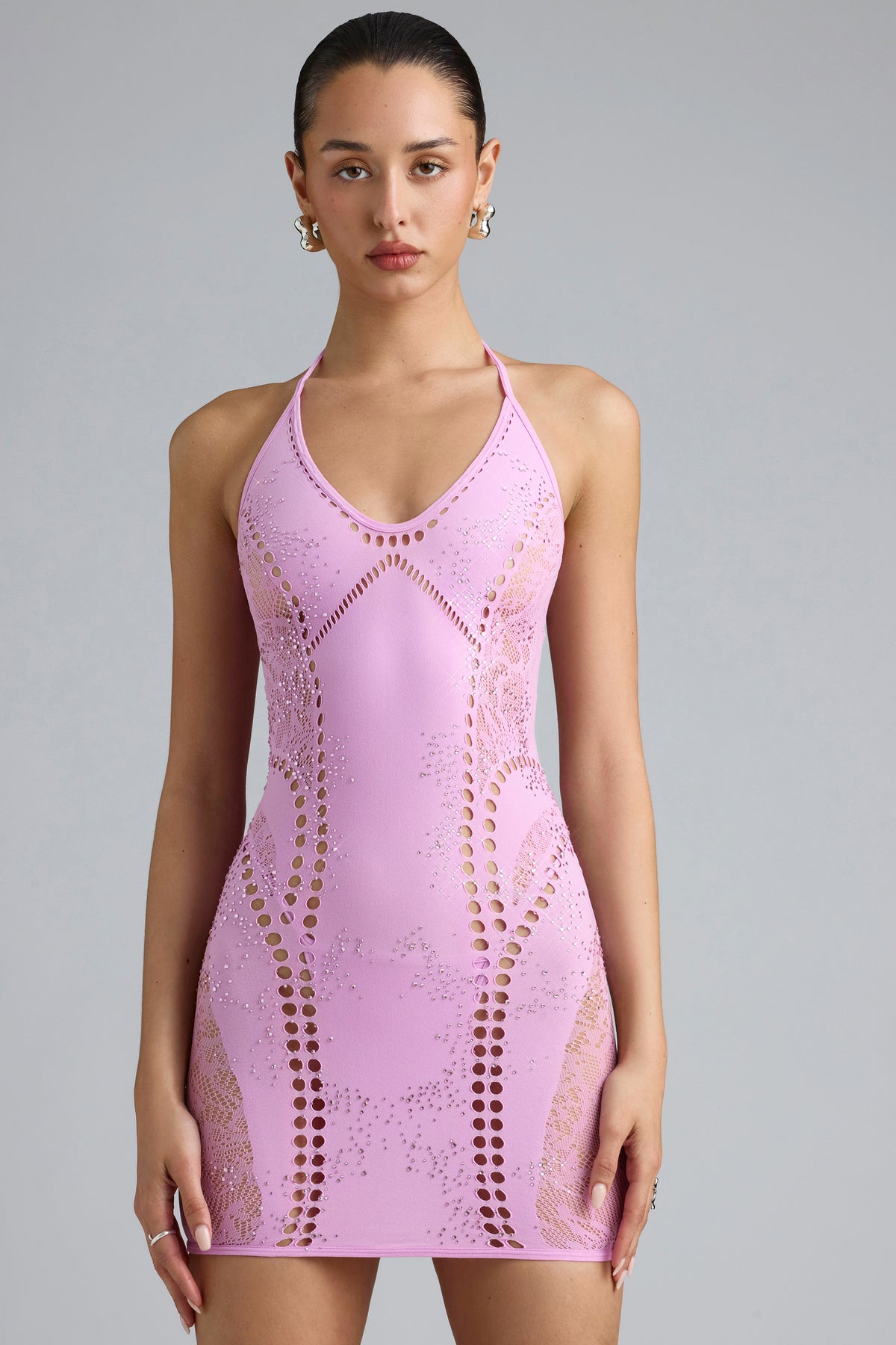 ⁣⁢Verziertes Neckholder-Minikleid in Violettrosa⁤⁣