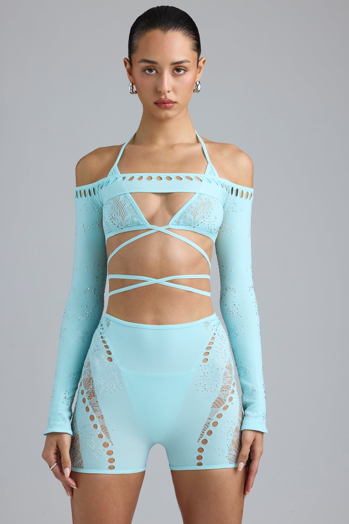 ⁣⁢Verzierter Cropped Shrug in Eisblau⁤⁣