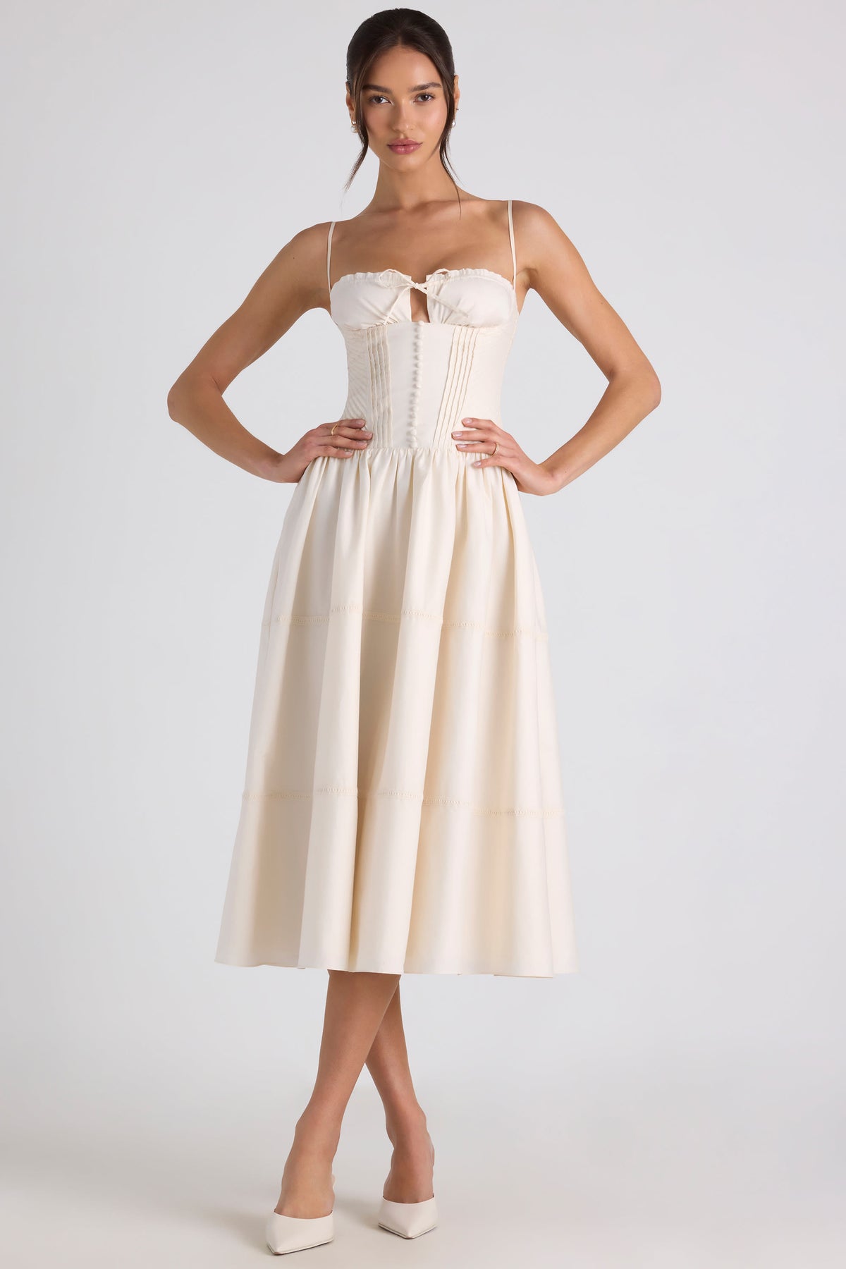 ⁣⁢Popeline-Midaxikleid mit Biesen und Spitzenbesatz in Elfenbein⁤⁣
