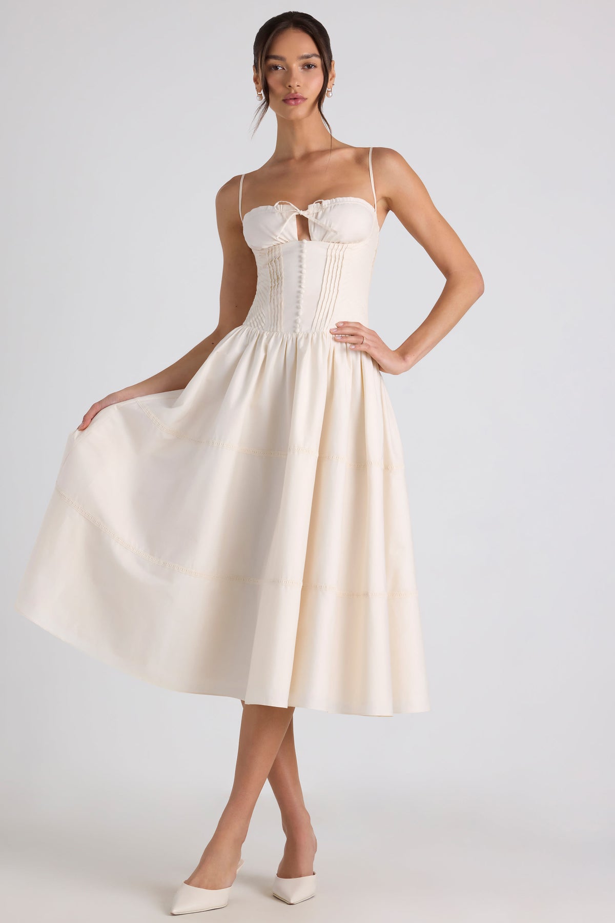 ⁣⁢Popeline-Midaxikleid mit Biesen und Spitzenbesatz in Elfenbein⁤⁣