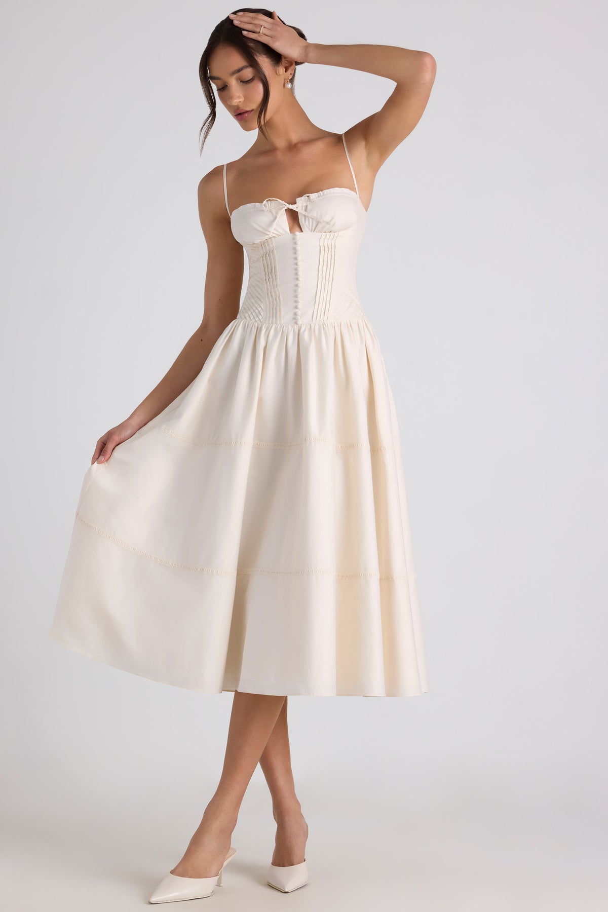 ⁣⁢Popeline-Midaxikleid mit Biesen und Spitzenbesatz in Elfenbein⁤⁣